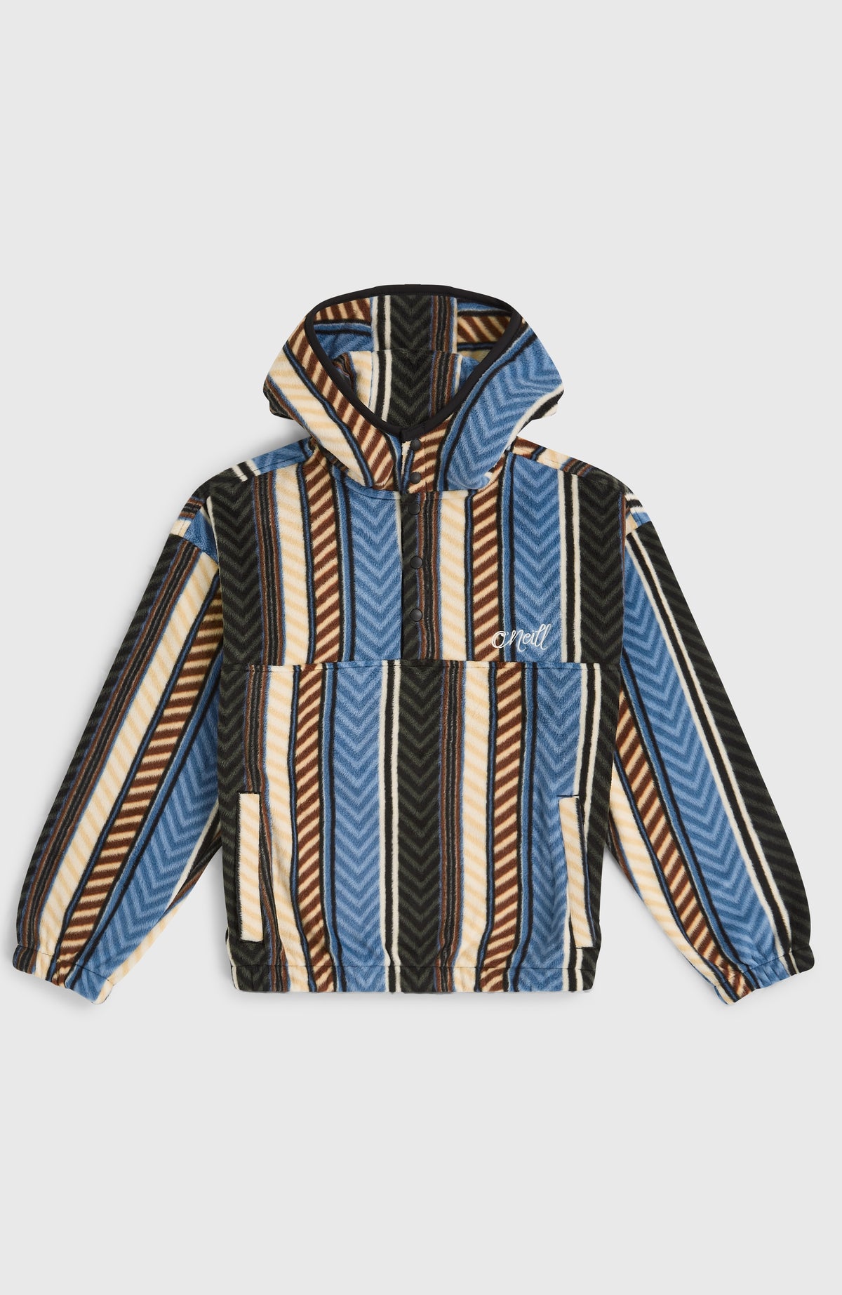 Blauer Superfleece Hoodie für Mädchen mit Streifenmuster in Braun und Beige, flach liegend von vorne