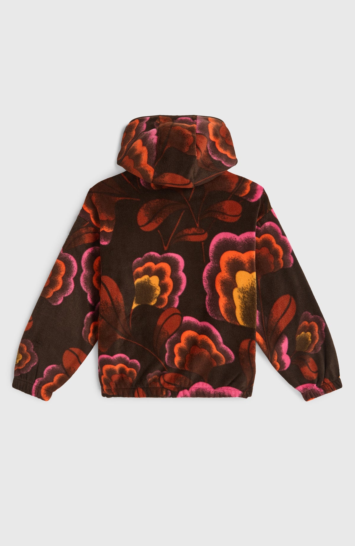 Superfleece Hoodie für Mädchen, braun mit Blumenmuster in Pink und Orange, flach liegend von hinten