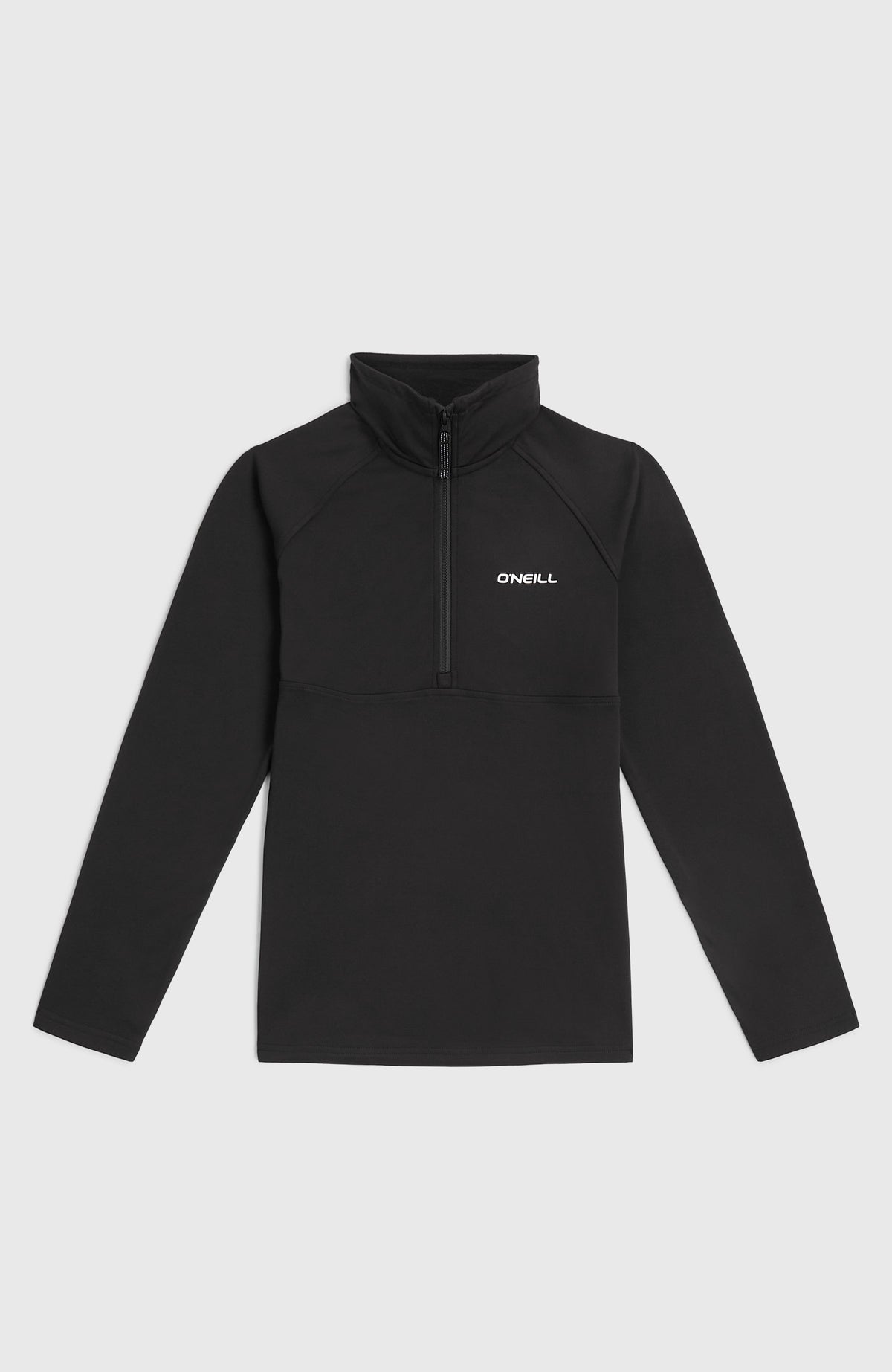 O'Neill FWC'Cruz Fleecepullover für Mädchen, schwarz, flach liegend von vorne mit kurzem Reißverschluss am Kragen