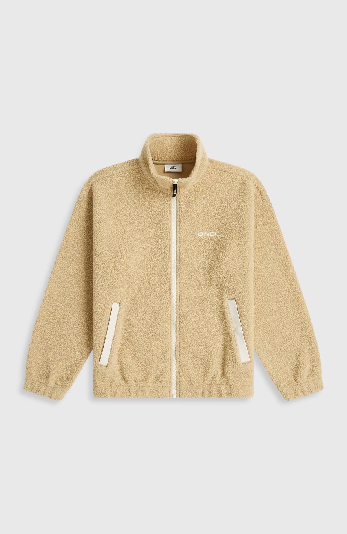 Flauschige Fleecejacke für Mädchen, beige, flach liegend von vorne, Seitentaschen mit Einfassung