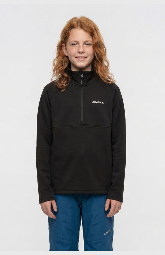 O'Neill FWC'Cruz Fleecepullover mit Halbreißverschluss für Mädchen, schwarz, Vorderansicht, getragen am Model