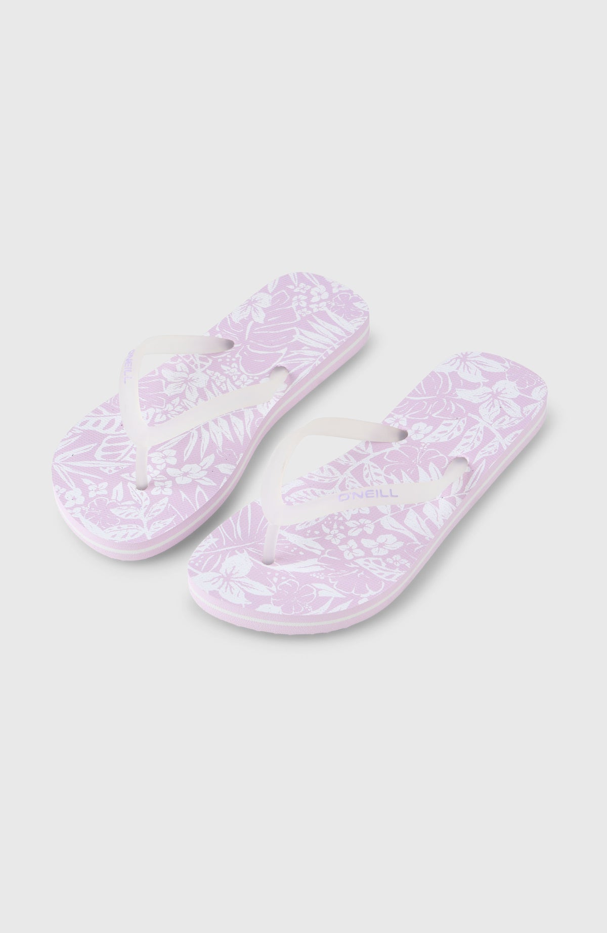 O'Neill Profile Graphic Sandalen für Mädchen, lila mit Blumenmuster in Weiß, freigestellt von schräg oben