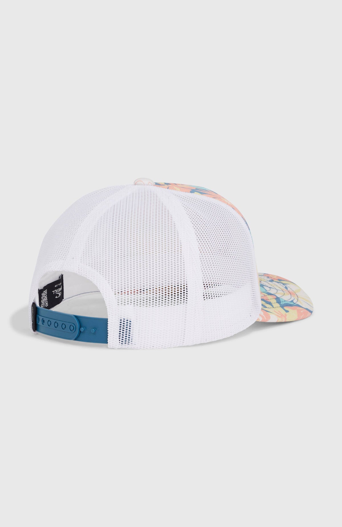 Flood Trucker Cap für Mädchen, blau mit Blumenmuster in Gelb und Rosa, Rückansicht mit Snapback-Verschluss