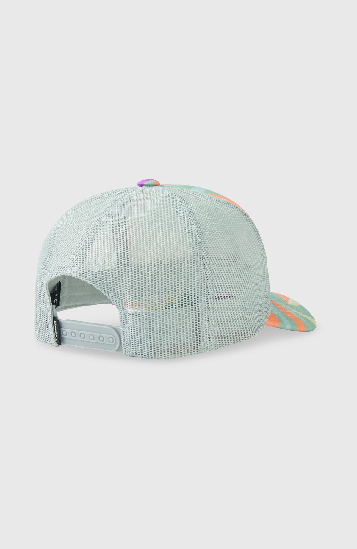Grüne Summer Camp Trucker Cap für Mädchen mit Tropenmuster, freigestellt von hinten mit Snapback-Verschluss