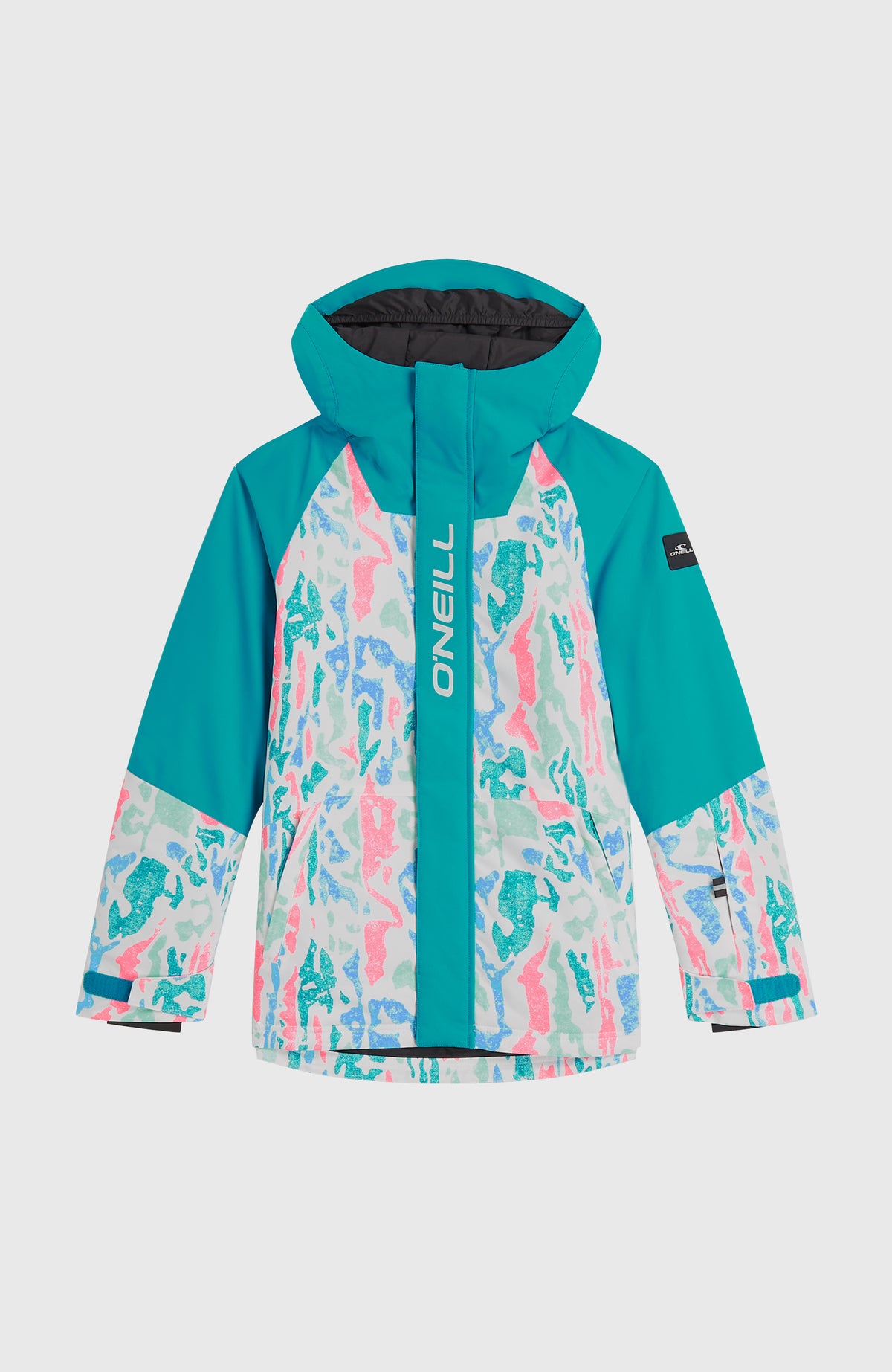 FWC'Play Ski- und Snowboardjacke für Mädchen, weiß mit Muster in Pink und Türkis, flach liegend von vorne