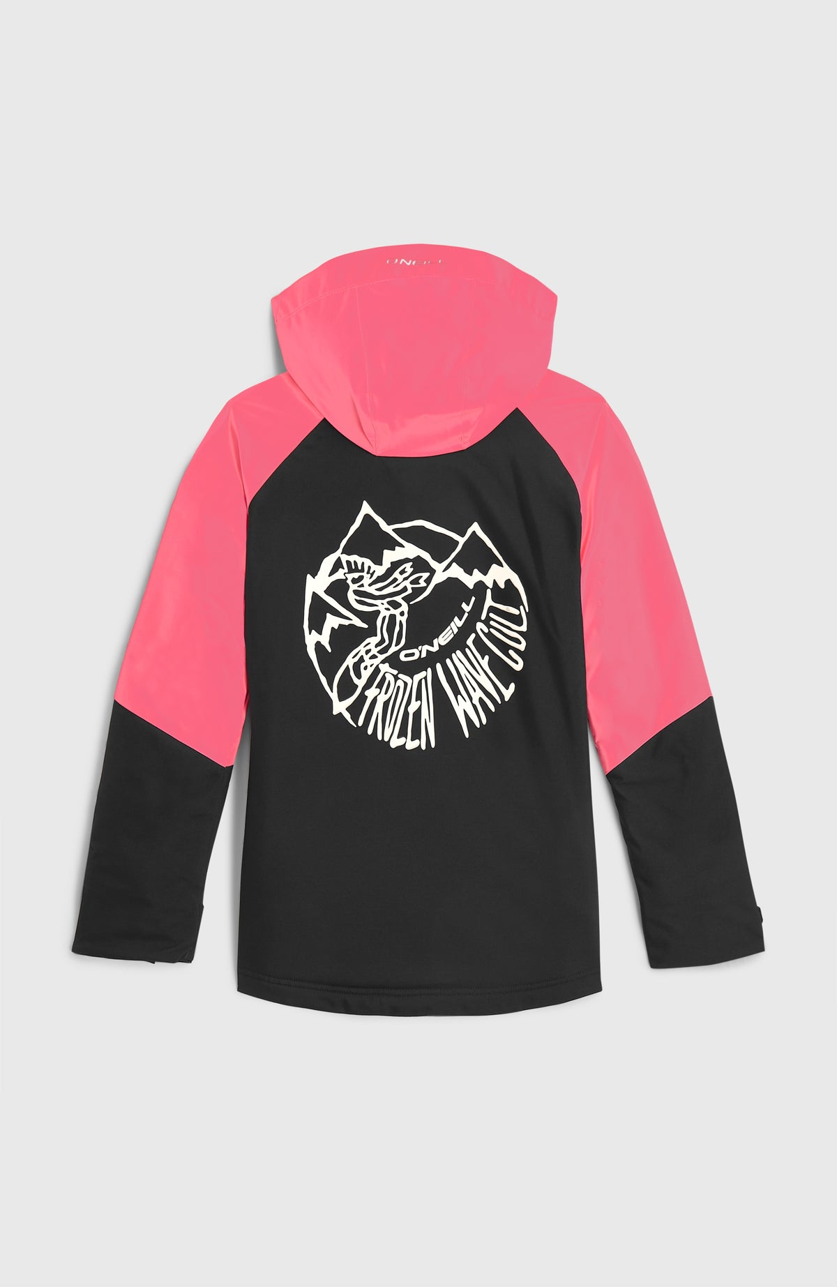 FWC'Play Ski- und Snowboardjacke für Mädchen, schwarz, flach liegend von hinten mit kreisförmigem Rücken-Print