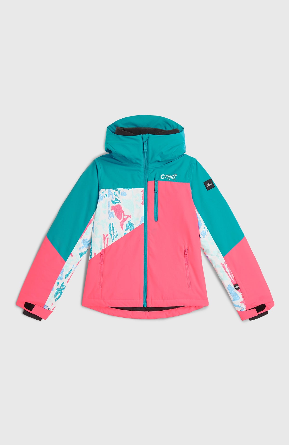 FWC'Cruz Triple Skijacke für Mädchen, weiß mit abstraktem Muster in Pink und Türkis, flach liegend von vorne