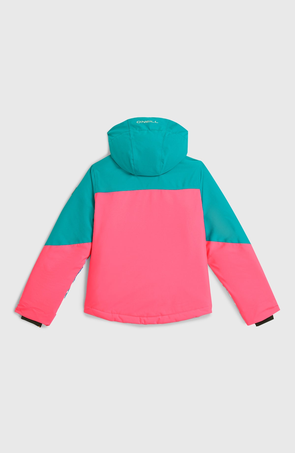 FWC'Cruz Triple Skijacke für Mädchen, weiß mit abstraktem Muster in Pink und Türkis, flach liegend von hinten