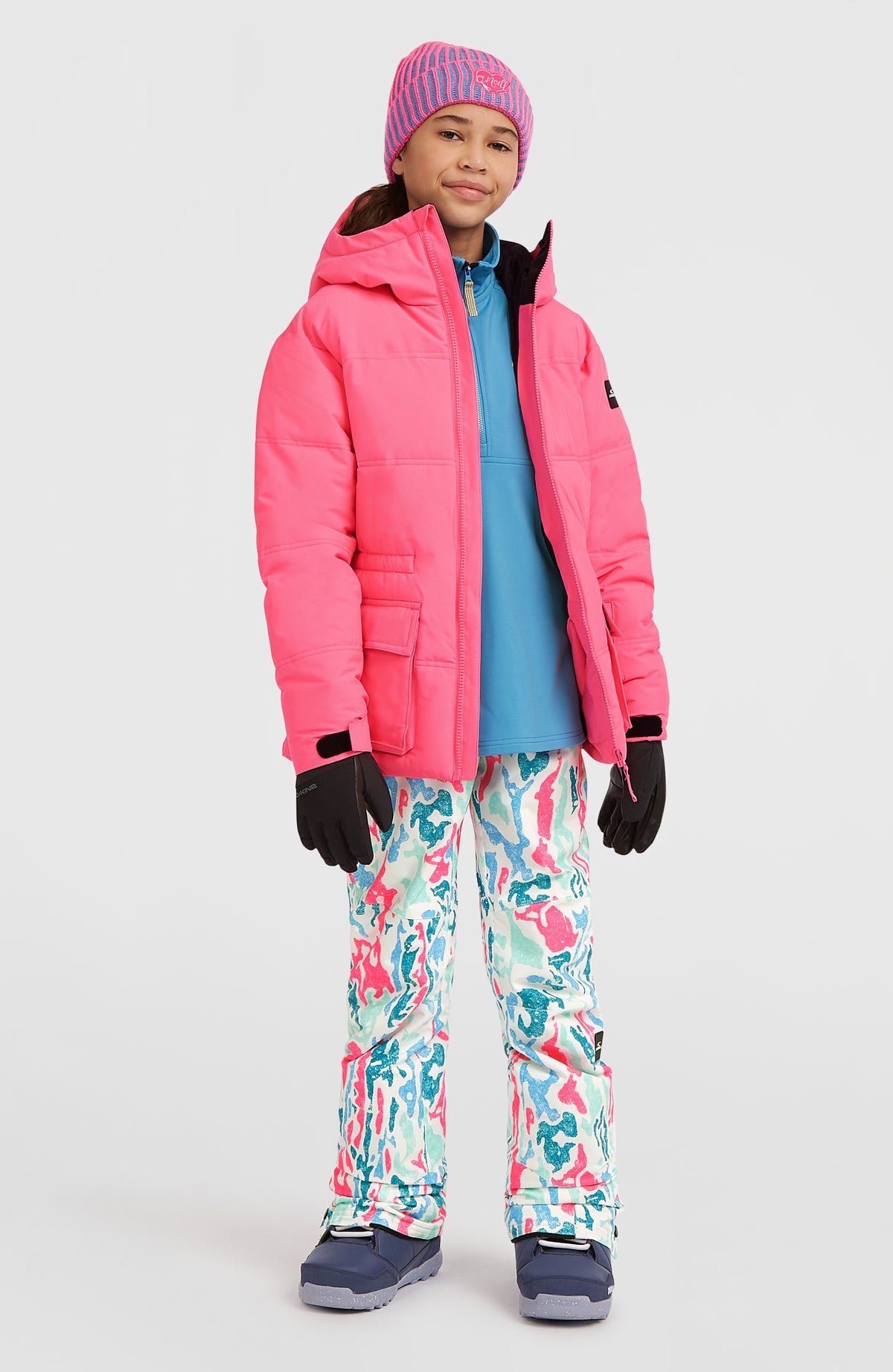 Gesteppte FWC'Cruz Skijacke für Mädchen, pink, Ansicht am Model mit geöffnetem Frontreißverschluss