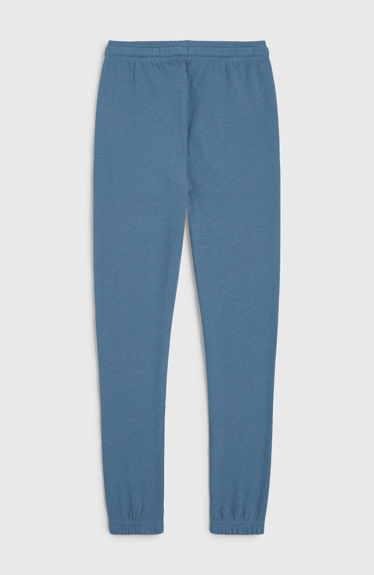 Blaue Script Jogginghose für Mädchen, flach liegend von hinten mit elastischem Bund