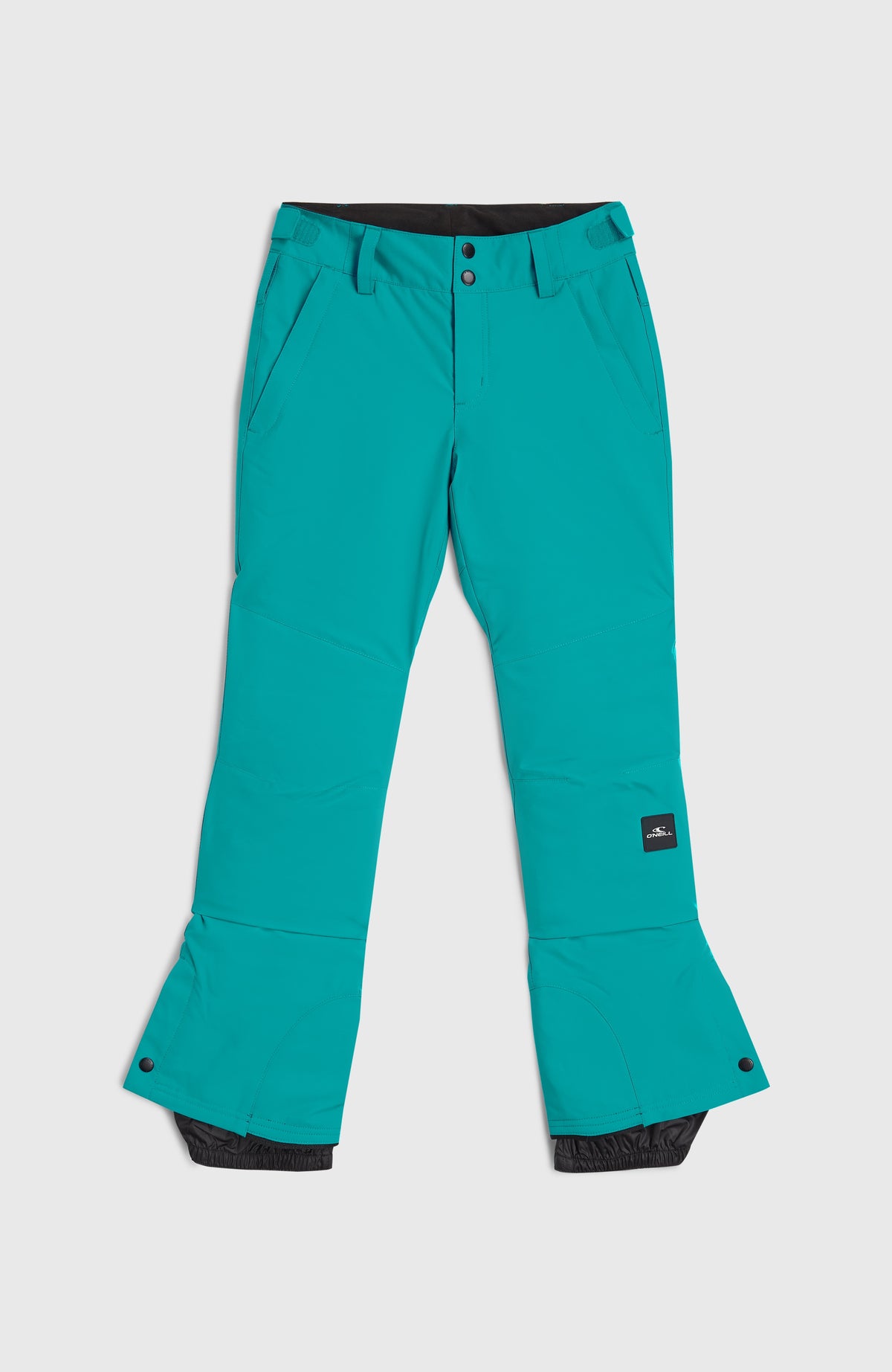 Blaue FWC'Cruz Skihose für Mädchen, flach liegend von vorne mit geöffnetem Beinabschluss