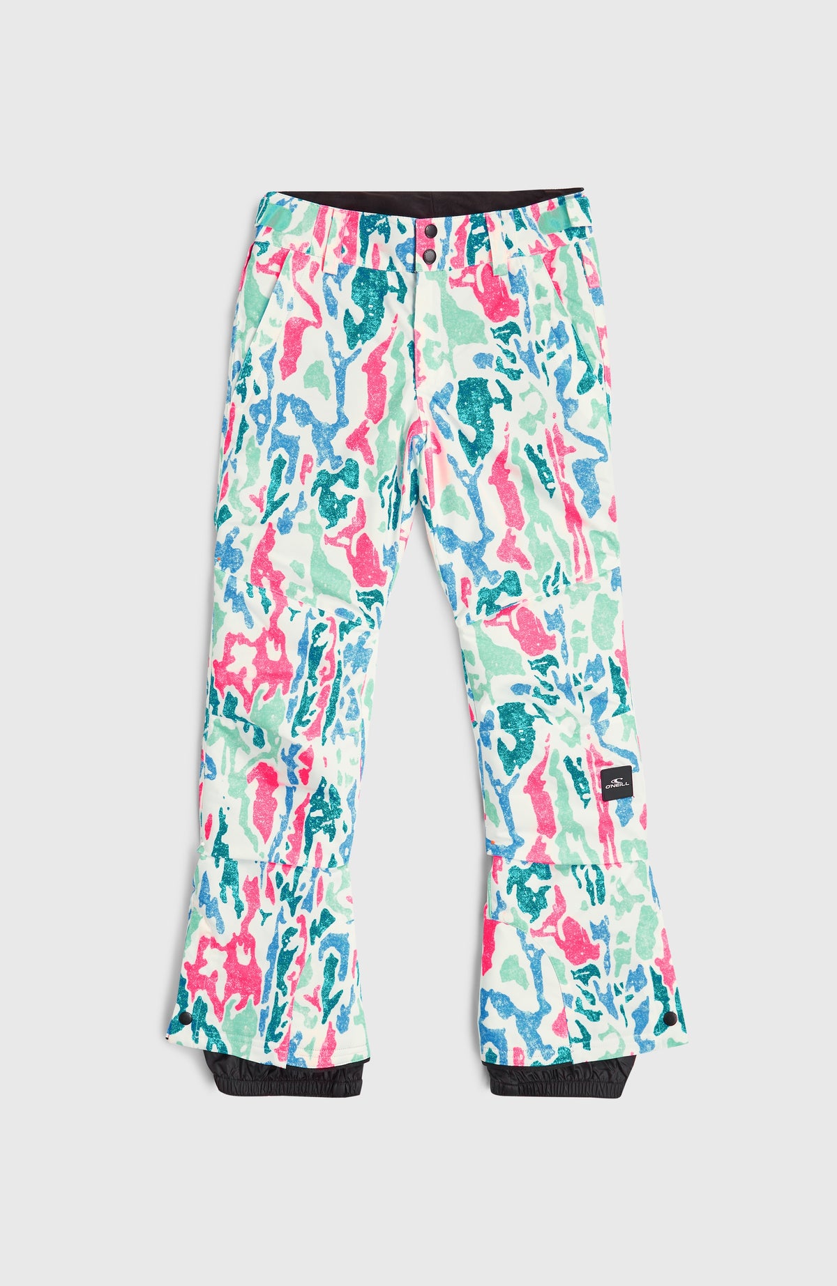 FWC'Cruz Skihose für Mädchen, weiß mit Allover-Muster in Pink und Türkis, flach liegend von vorne