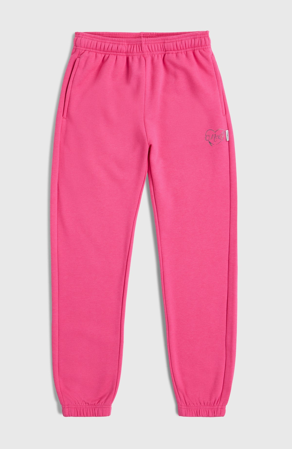 Essentials Jogginghose für Mädchen, pink, flach liegend von vorne mit elastischem Bund und Bündchen