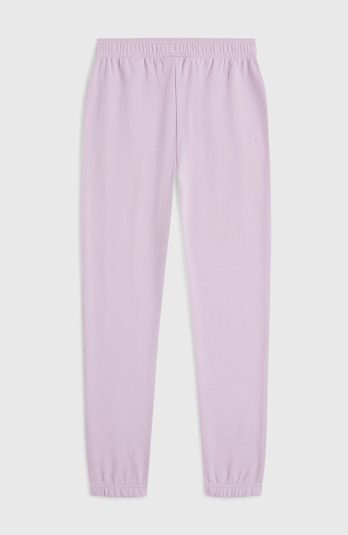 Essentials Script Jogginghose für Mädchen, lila, flach liegend von hinten mit elastischem Bund