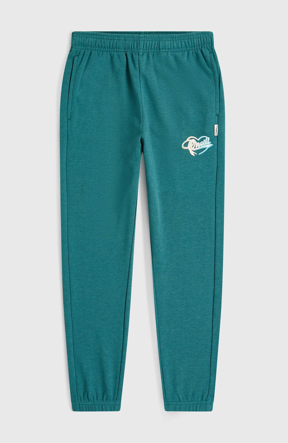 Essentials Script Jogginghose für Mädchen, grün, flach liegend von vorne mit elastischen Bündchen und Logo-Print