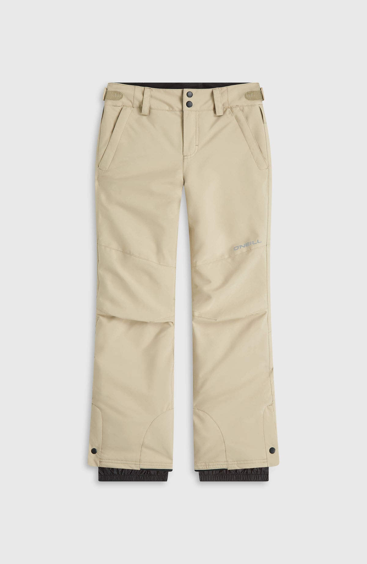 FWC'Cruz Skihose für Mädchen, beige, flach liegend von vorne mit Reißverschlusstaschen und Druckknöpfen am Saum