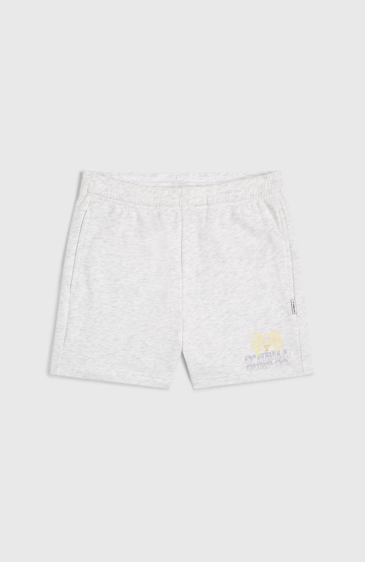 Heart Sweatshorts für Mädchen, weiß mit Logo-Print in Gelb und Lila, flach liegend von vorne mit elastischem Bund