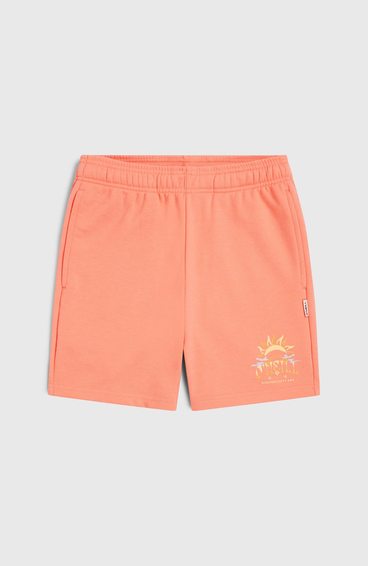 Pinke Heart Sweatshorts für Mädchen mit Logo-Print in Gelb, flach liegend von vorne