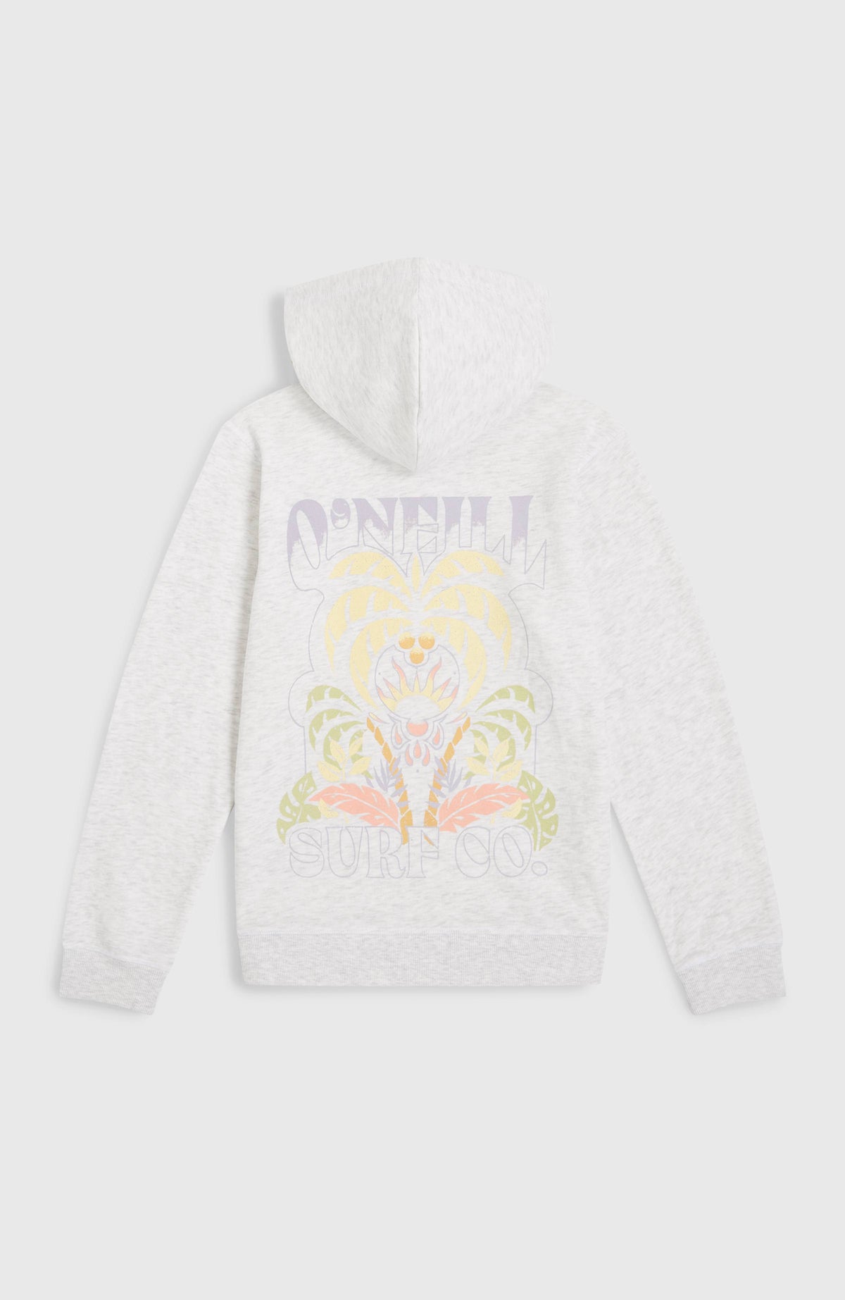 Back Print Hoodie für Mädchen, weiß mit Grafik-Print in Gelb und Lila, flach liegend von hinten