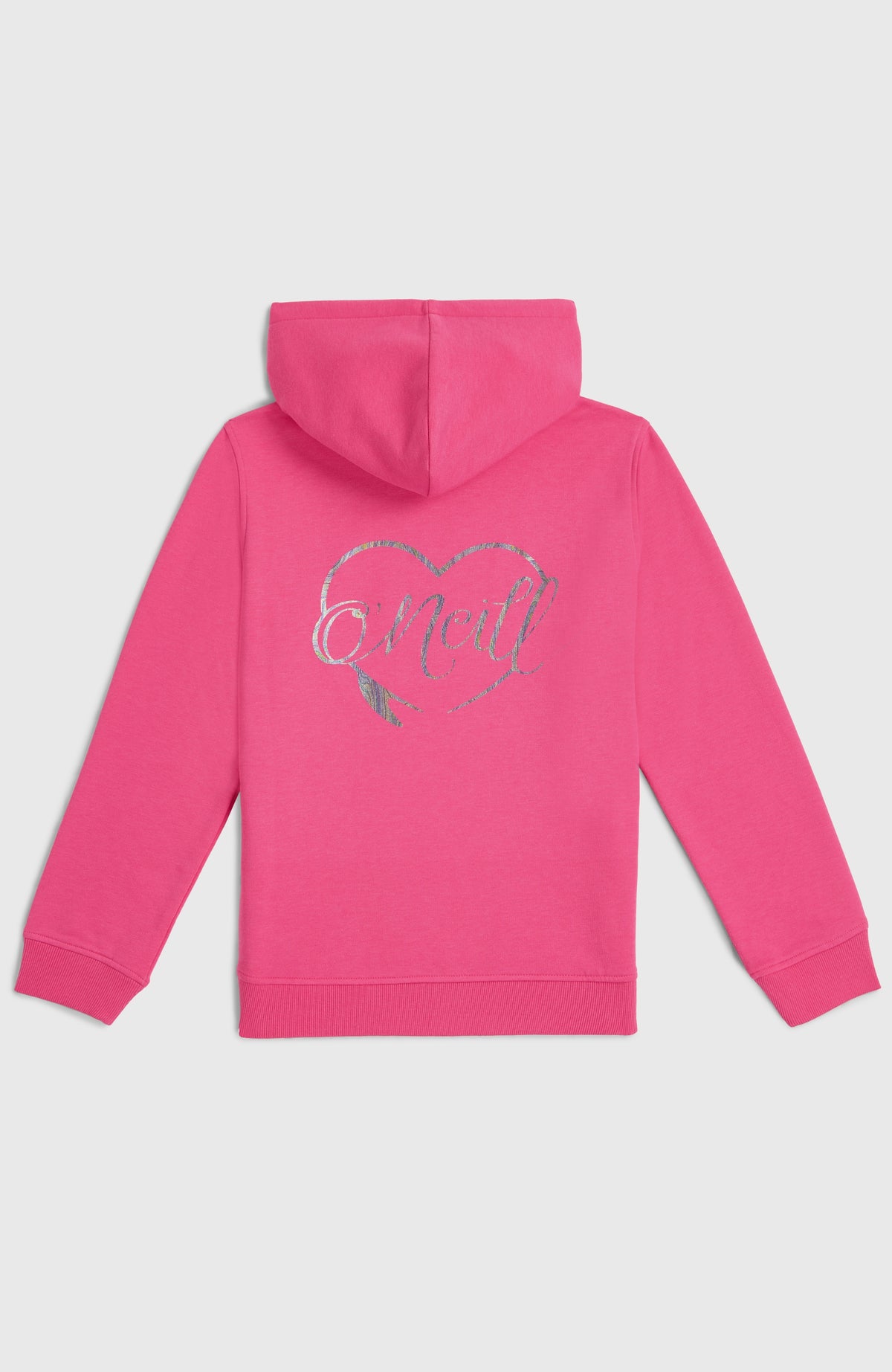 Essentials Hoodie für Mädchen in Pink, flach liegend von hinten mit großem Logo-Print