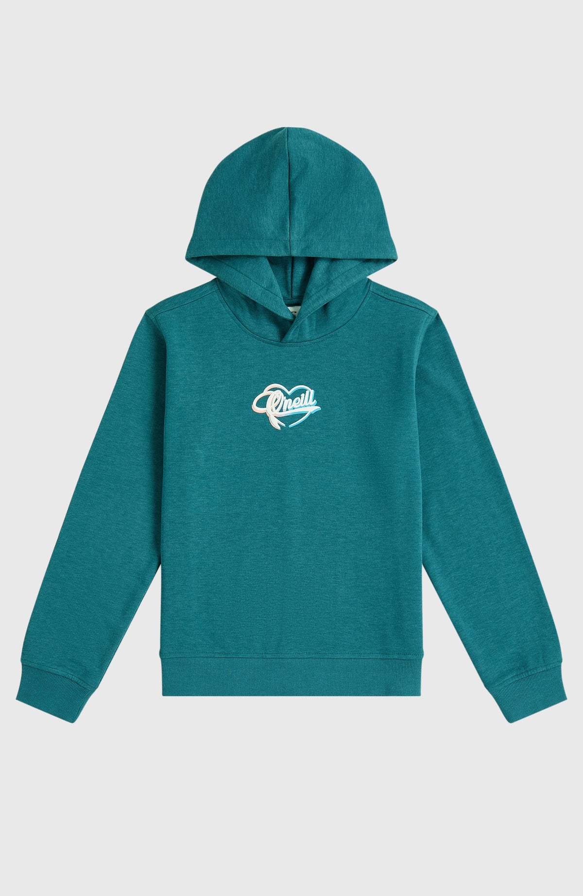 Essentials Script Hoodie für Mädchen, grün mit Logo-Print in Weiß und Rosa, flach liegend von vorne