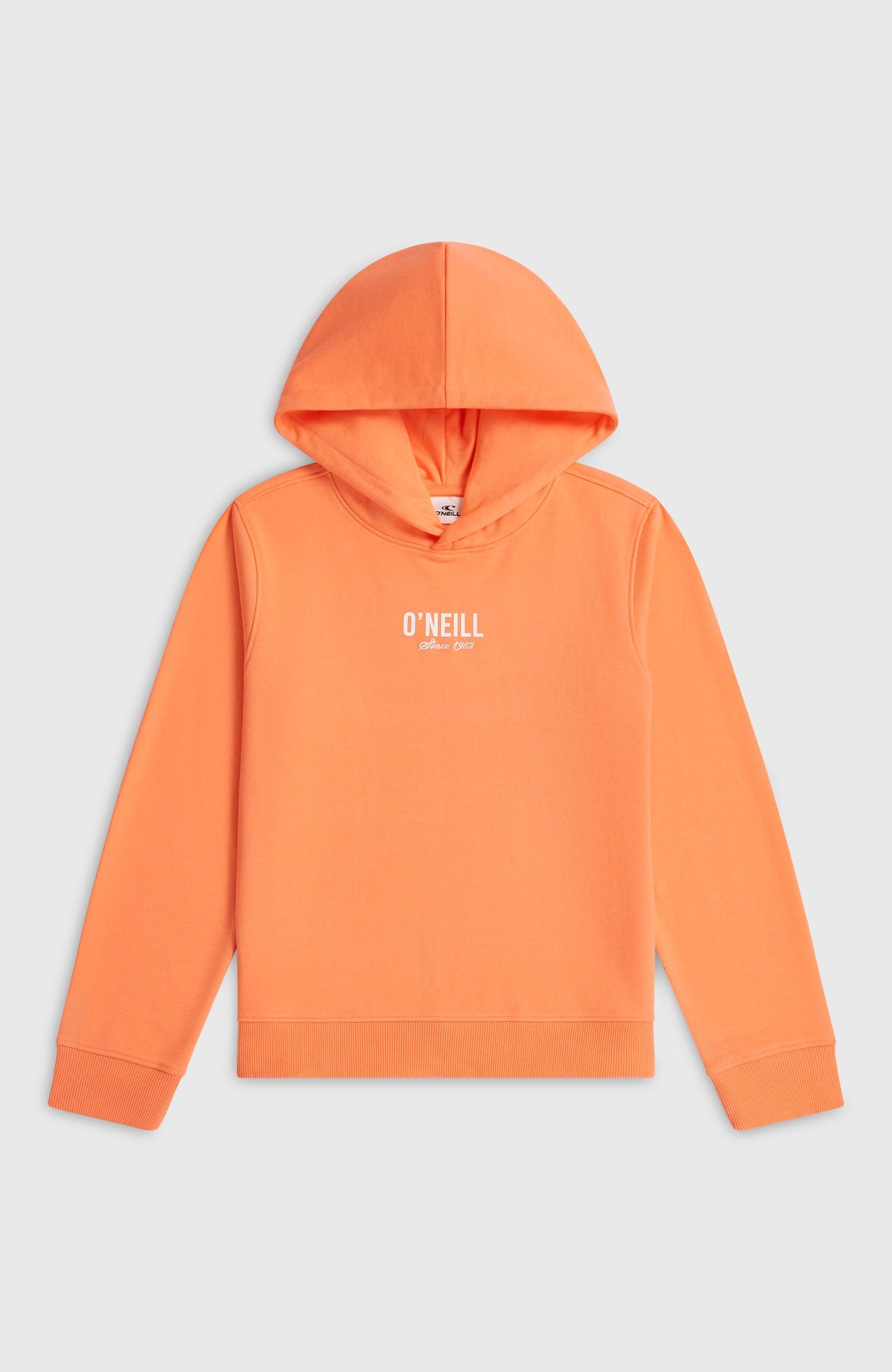 Essentials Hoodie für Mädchen, orange mit Logo-Print in Weiß, flach liegend von vorne