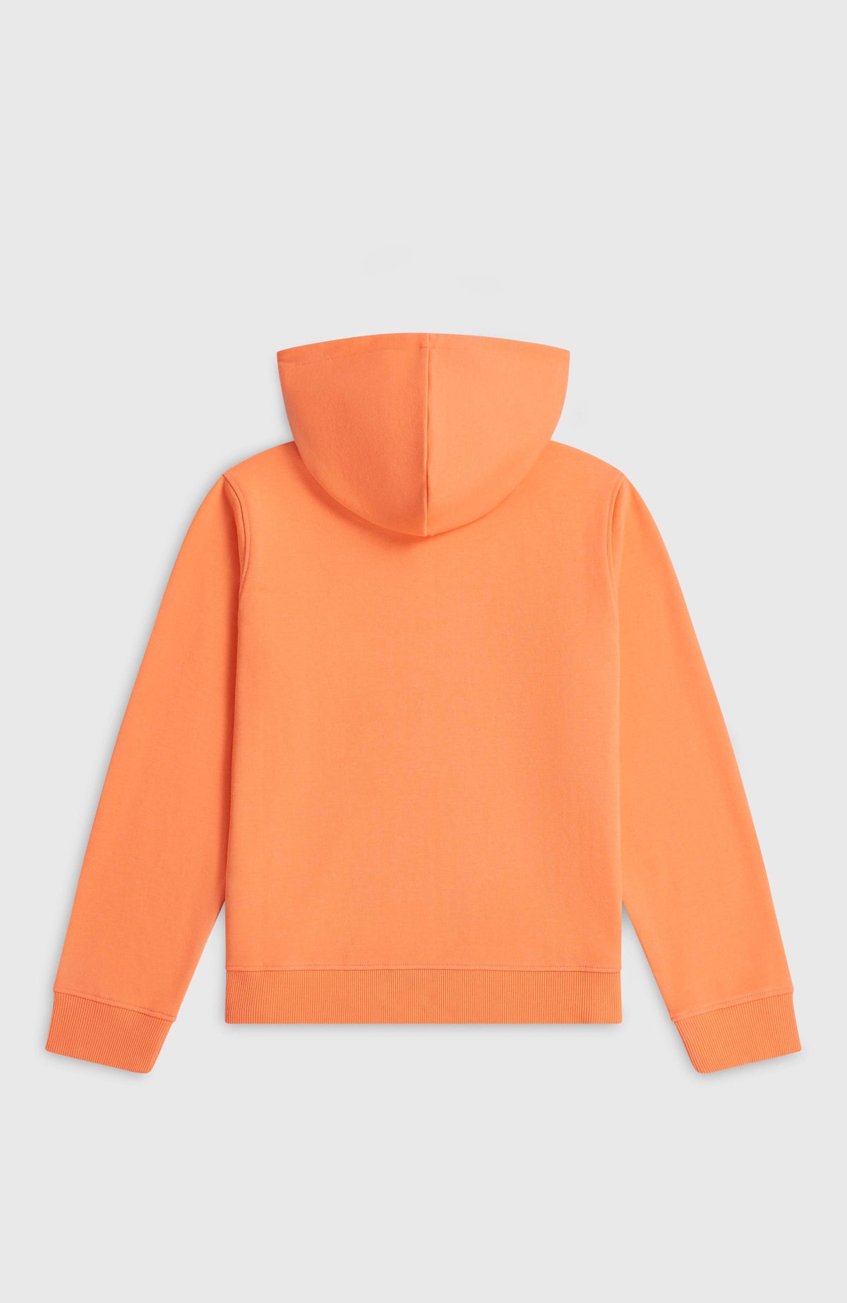 Essentials Hoodie für Mädchen, orange mit Logo-Print in Weiß, flach liegend von hinten