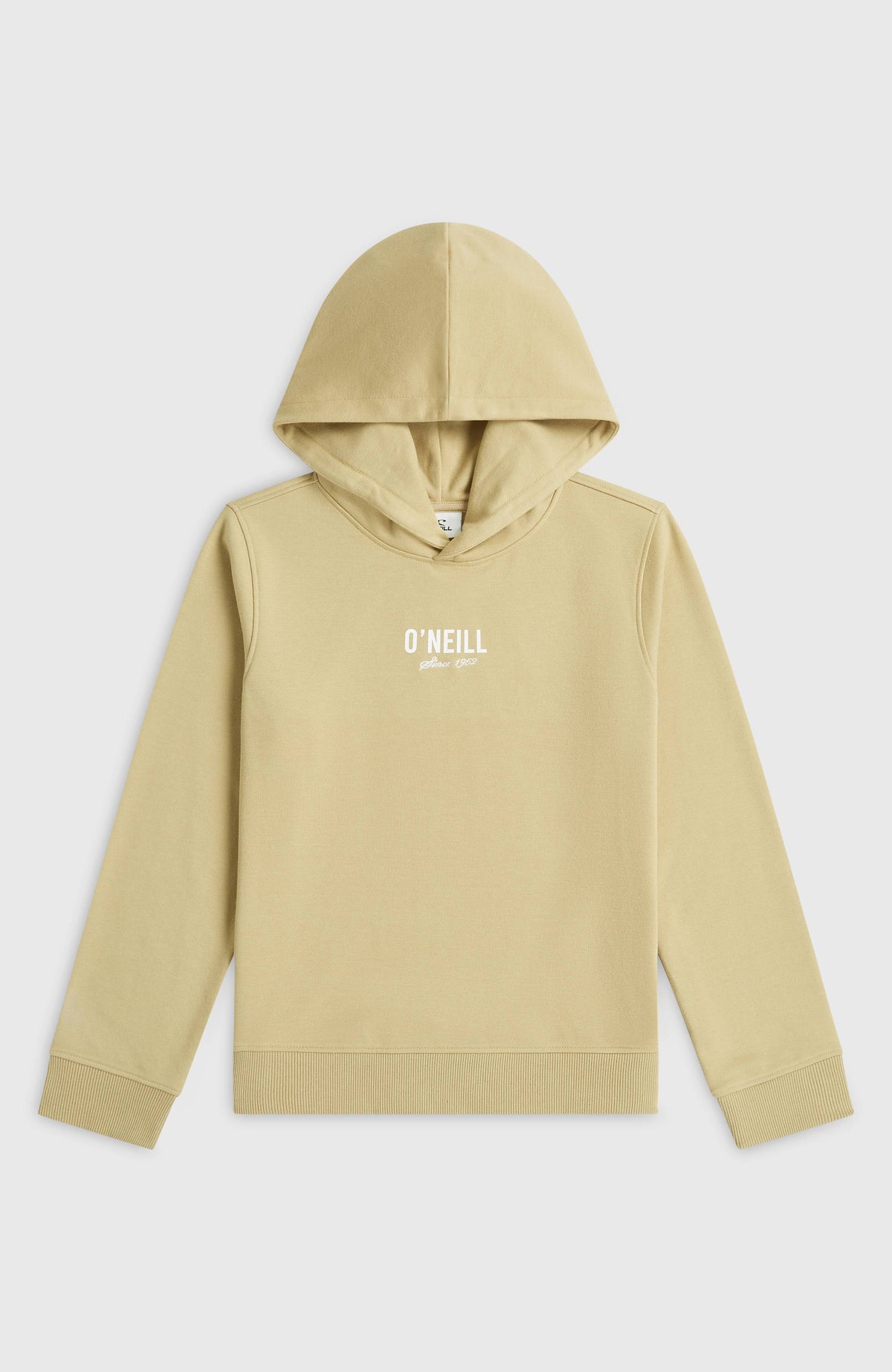 O'Neill Essentials Hoodie für Mädchen, beige mit Logo-Print in Weiß auf der Brust, flach liegend von vorne