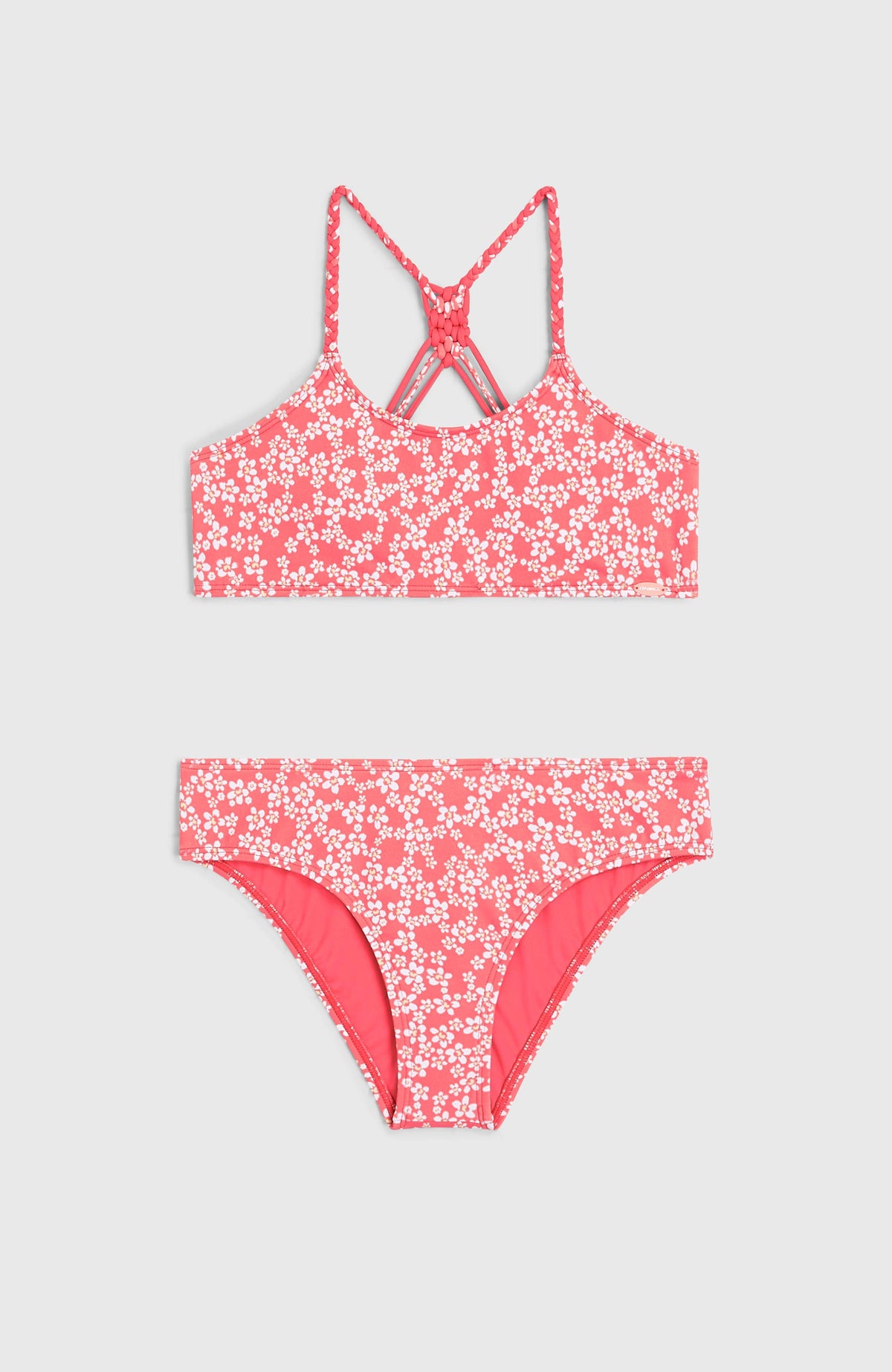 Tropics Bikini-Set für Mädchen, pink mit Blumenmuster in Weiß, flach liegend von vorne