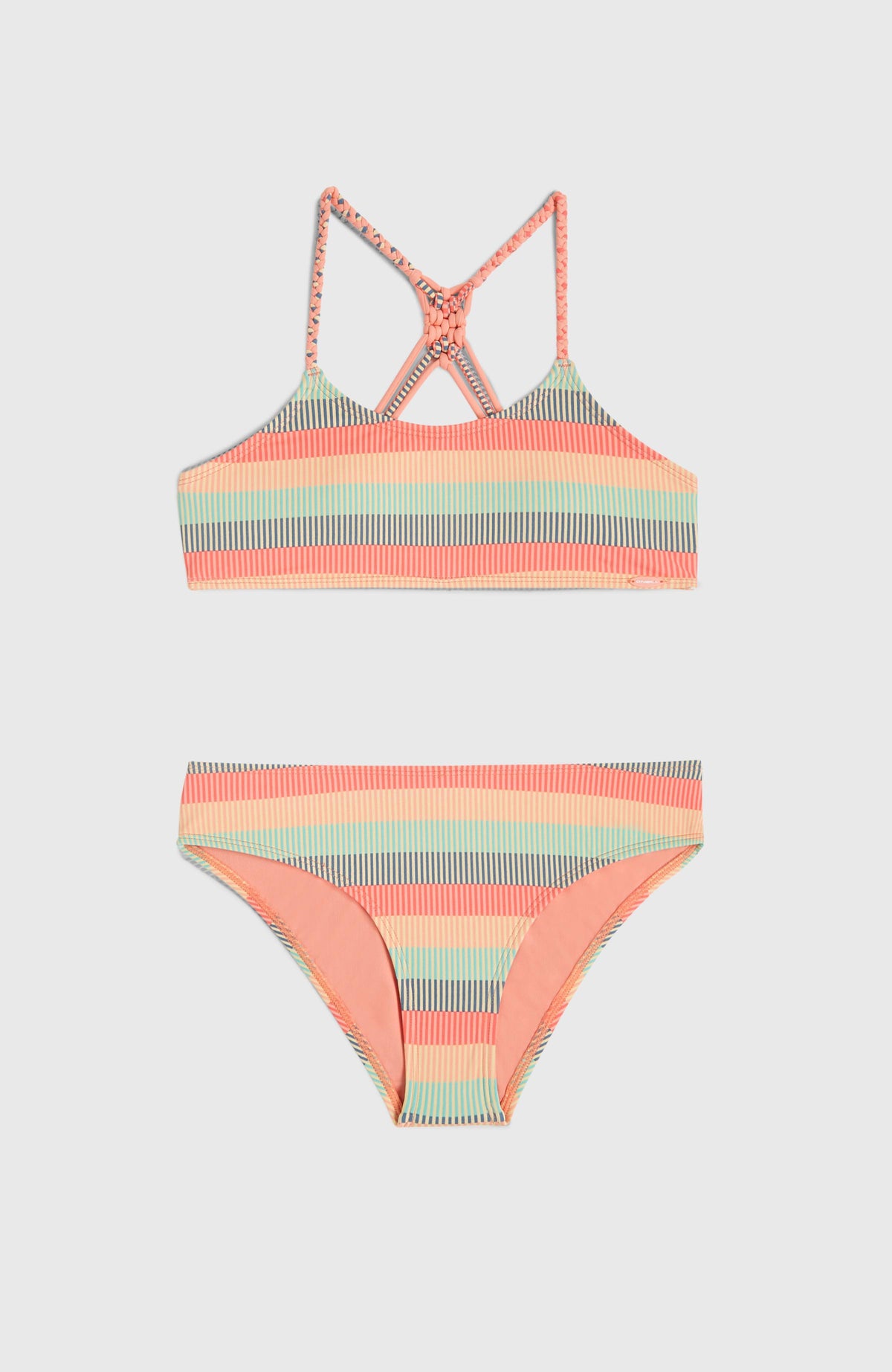 Tropics Bikini-Set für Mädchen, grün mit Streifenmuster in Koralle und Gelb, flach liegend von vorne