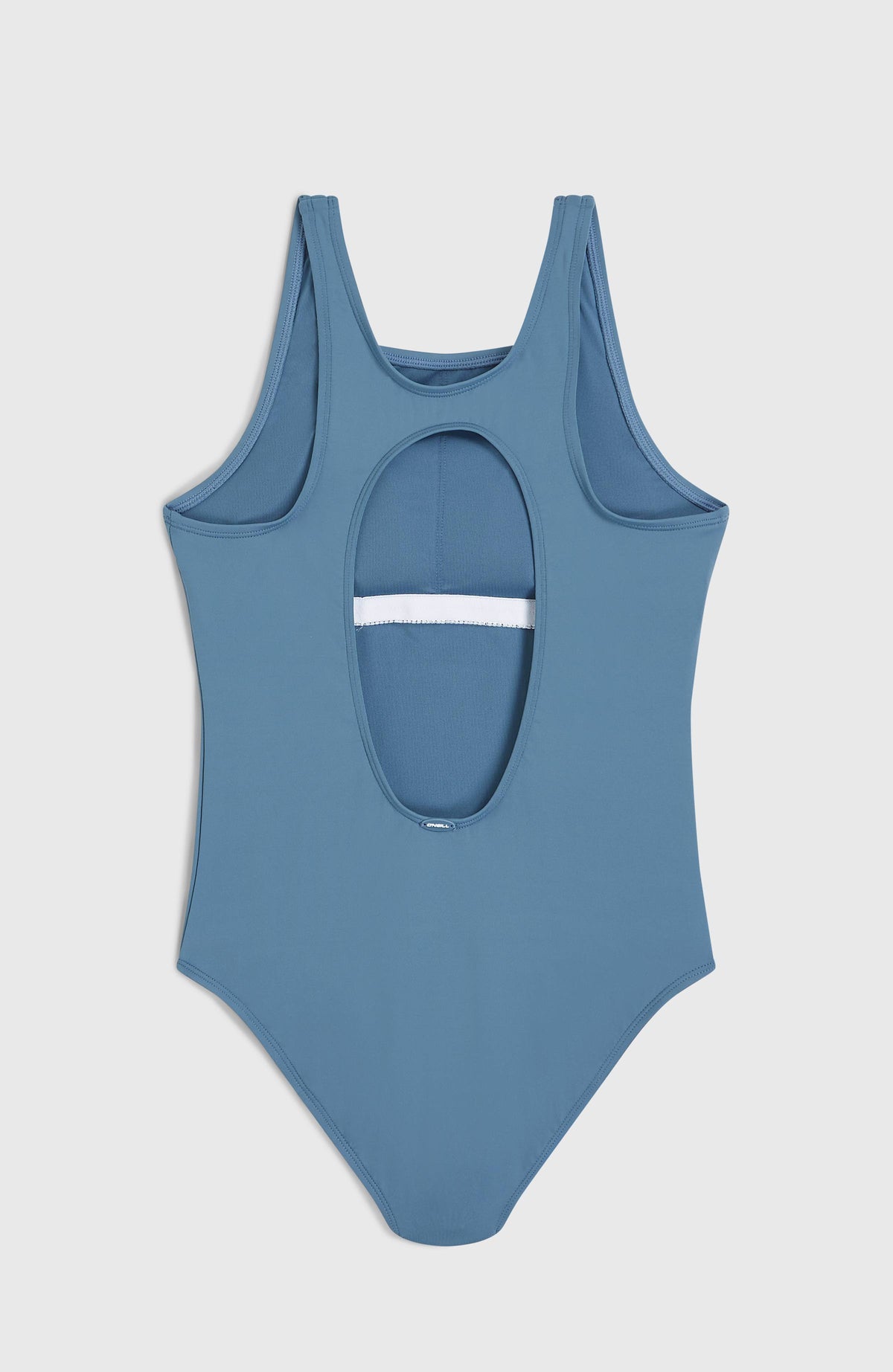 Essentials Badeanzug für Mädchen, blau, flach liegend von hinten mit ovalem Rückenausschnitt