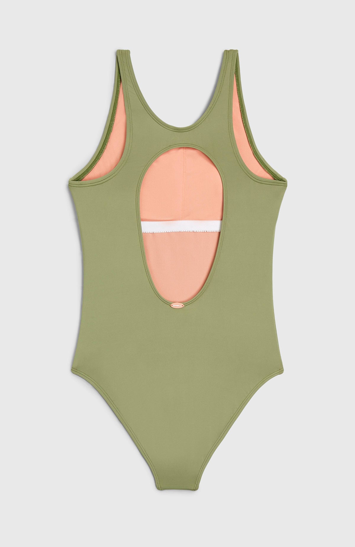 Essentials Badeanzug für Mädchen, grün, flach liegend von hinten mit Cut-out an der Rückseite