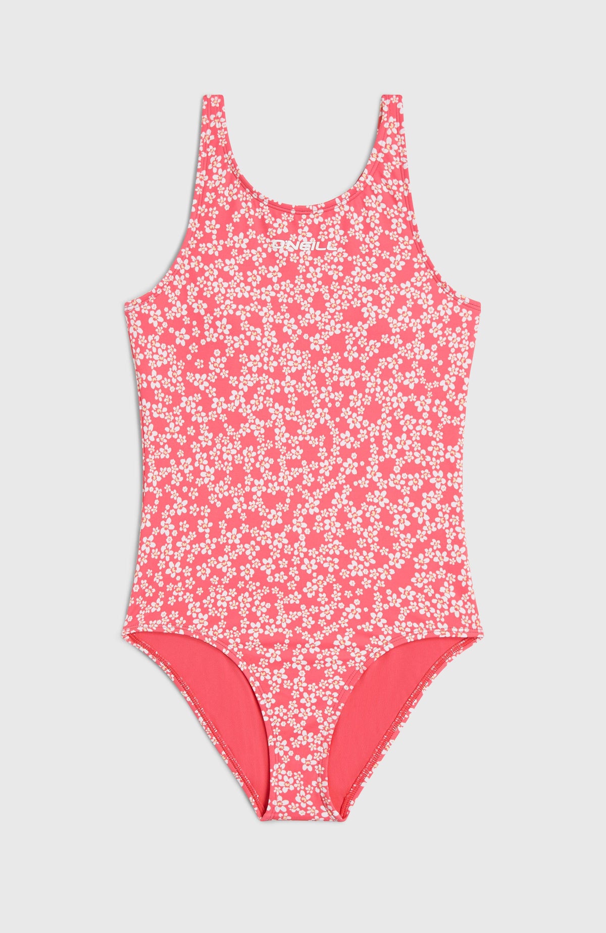 Essentials Badeanzug für Mädchen, pink mit Blumenmuster in Weiß, flach liegend von vorne