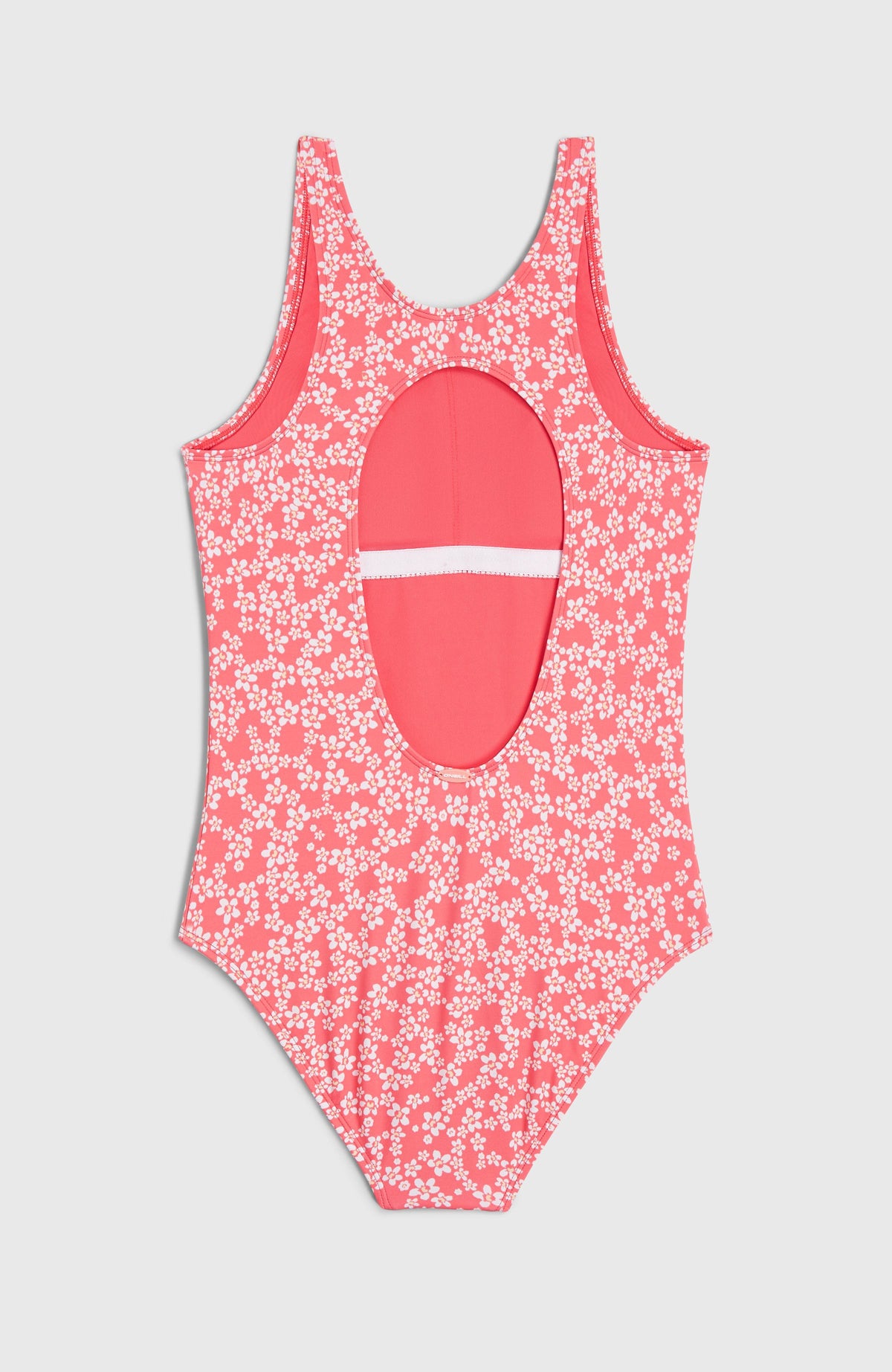 Essentials Badeanzug für Mädchen, pink mit Blumenmuster in Weiß, flach liegend von hinten mit Cut-out