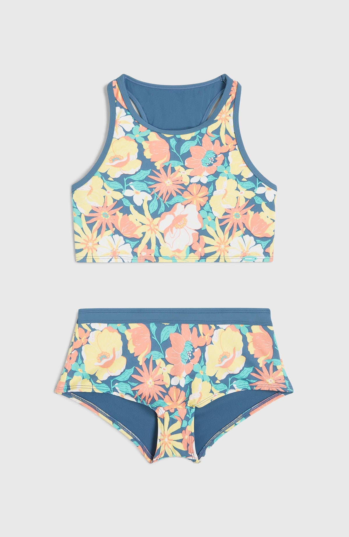 Cali Holiday Bikini-Set für Mädchen, blau mit Blumenmuster in Gelb und Rosa, Set flach liegend von vorne