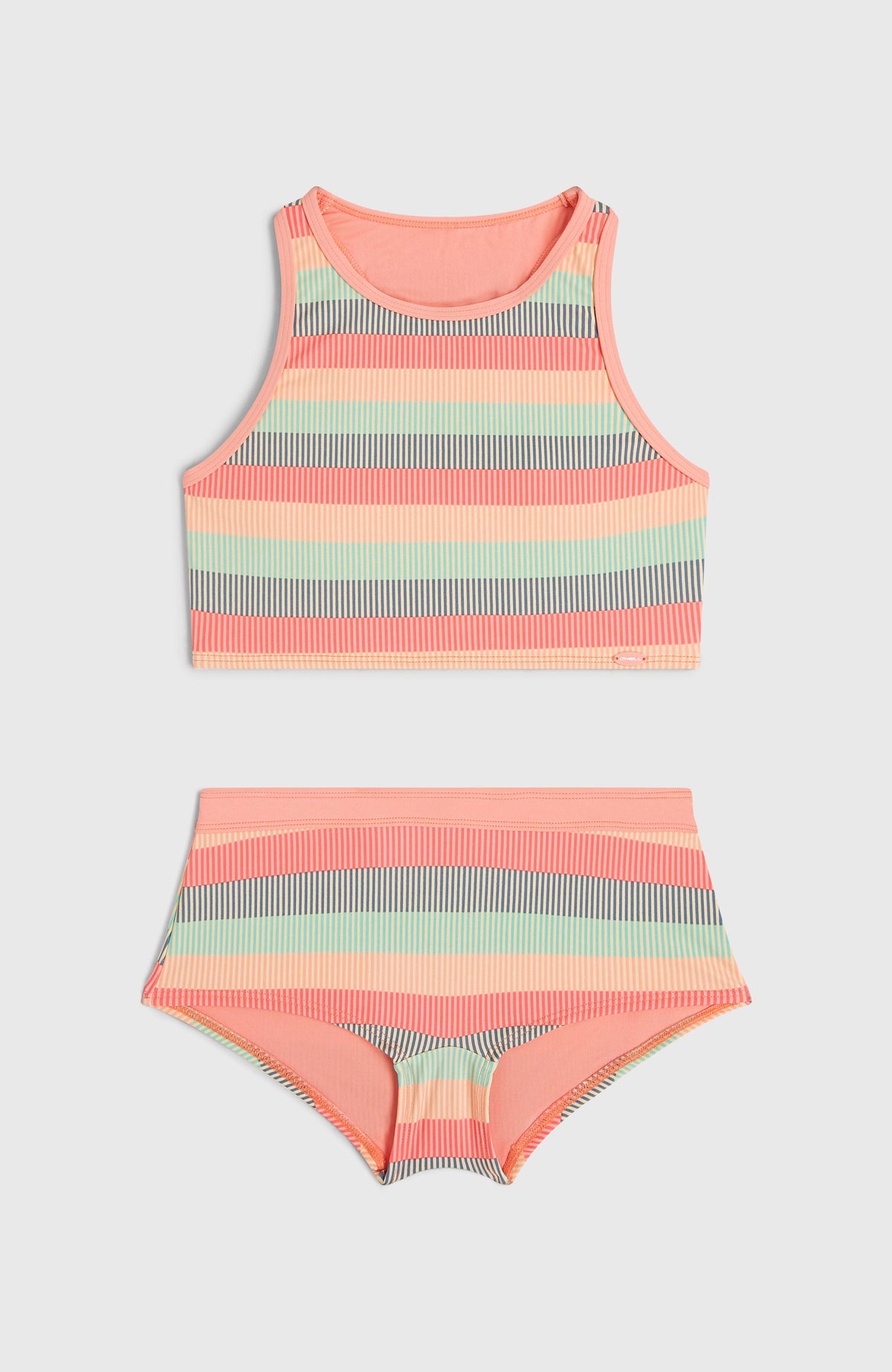 Cali Holiday Bikini-Set für Mädchen, grün mit Streifenmuster in Orange und Türkis, flach liegend von vorne