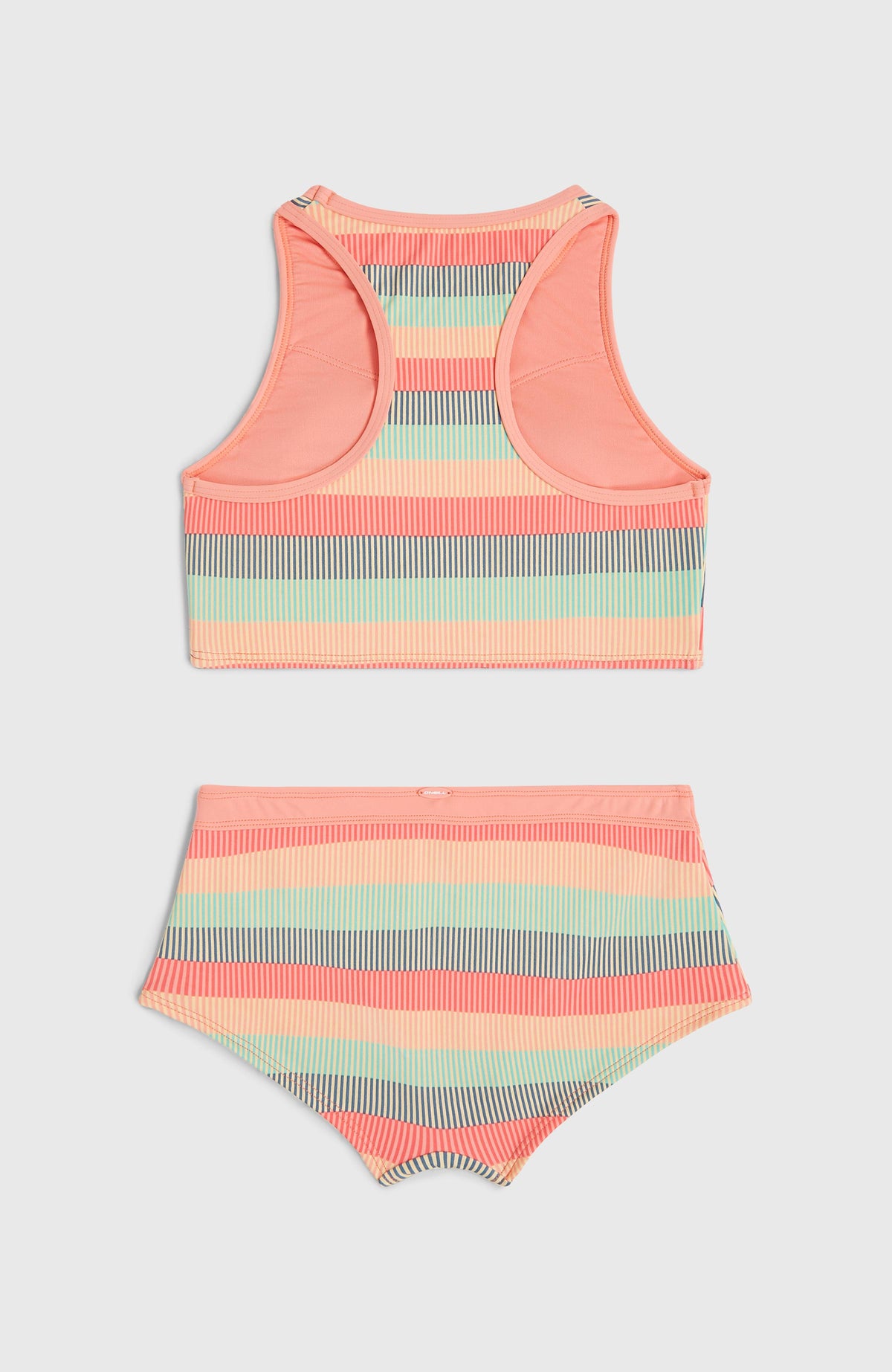 Cali Holiday Bikini-Set für Mädchen, grün mit Streifenmuster in Orange und Türkis, flach liegend von hinten