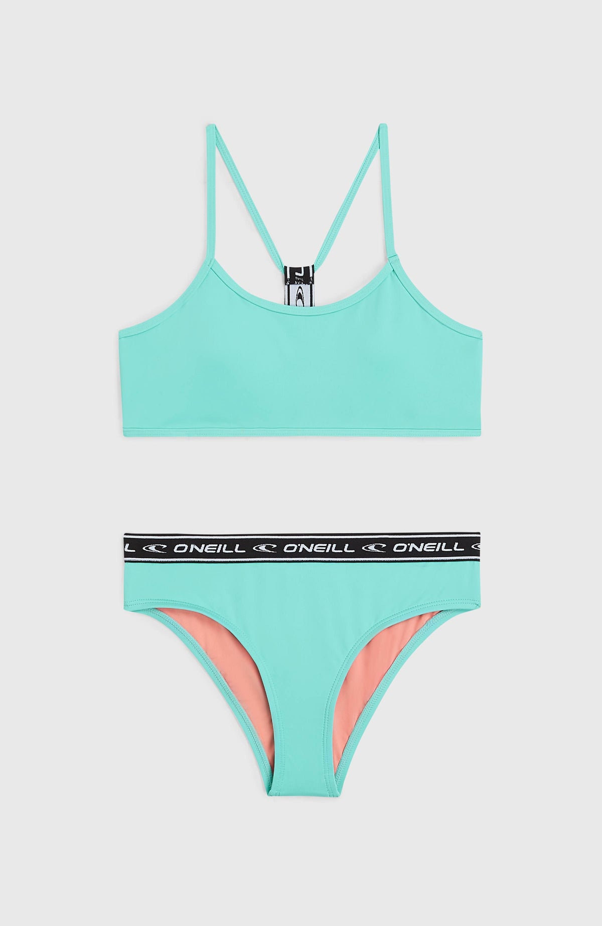 Sportclub Bikini-Set für Mädchen, blau, flach liegend von vorne, Bikini-Oberteil und Bikinihose mit Logo-Bund