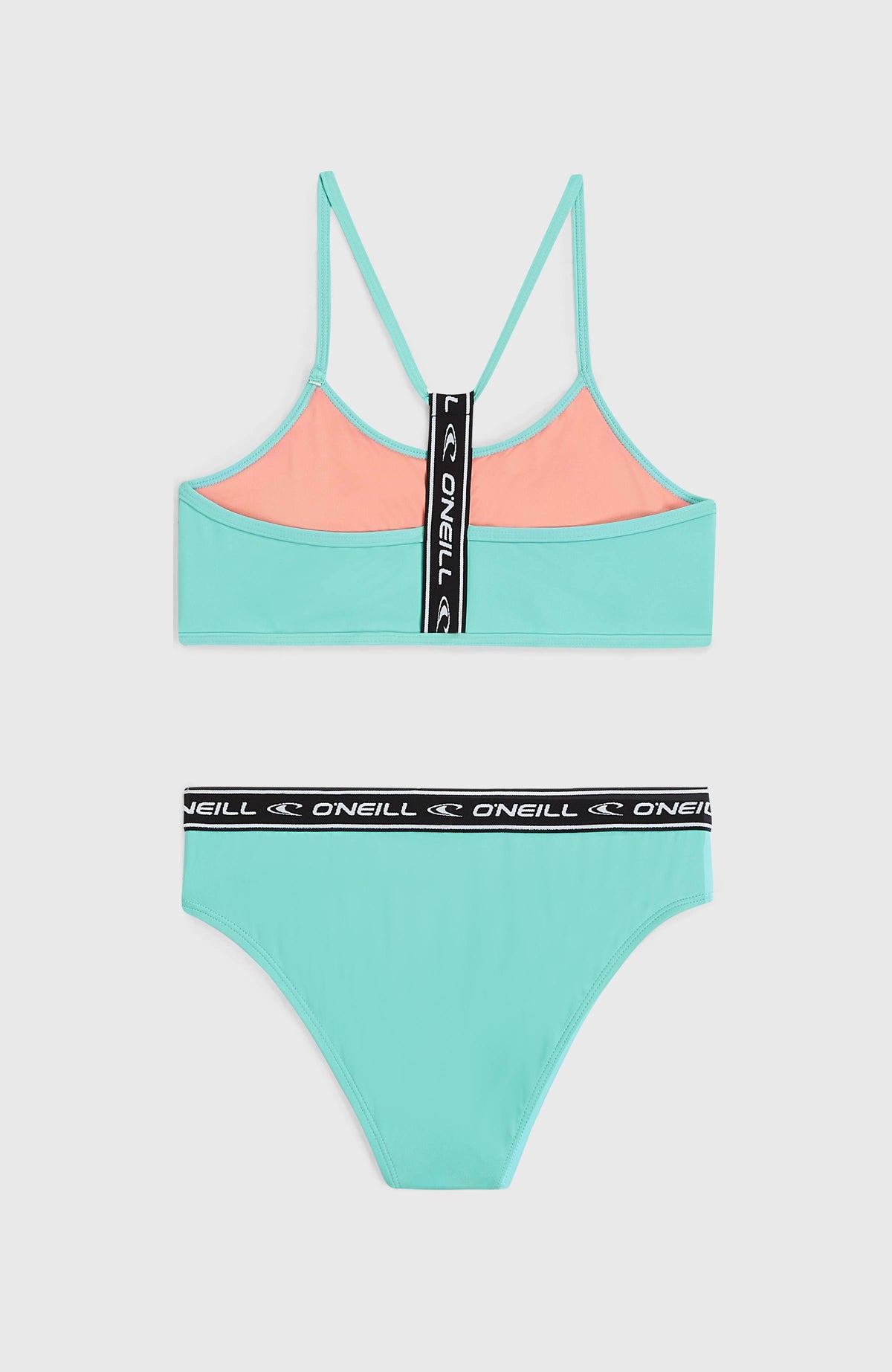 Sportclub Bikini-Set für Mädchen, blau, flach liegend von hinten, T-förmiger Logo-Träger am Bralette-Top
