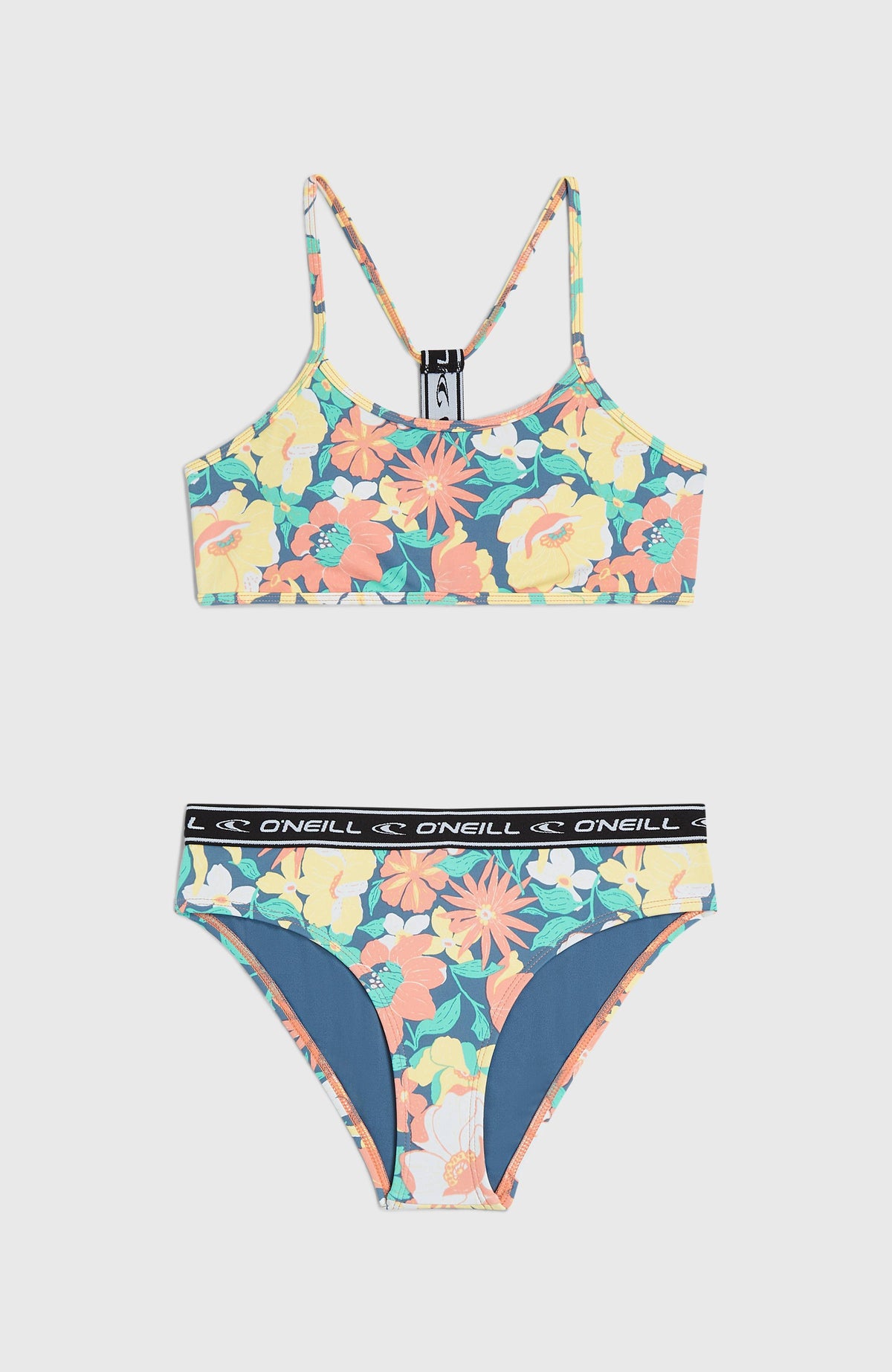 Sportclub Bikini-Set für Mädchen, blau mit Blumenmuster in Gelb und Rosa, flach liegend von vorne