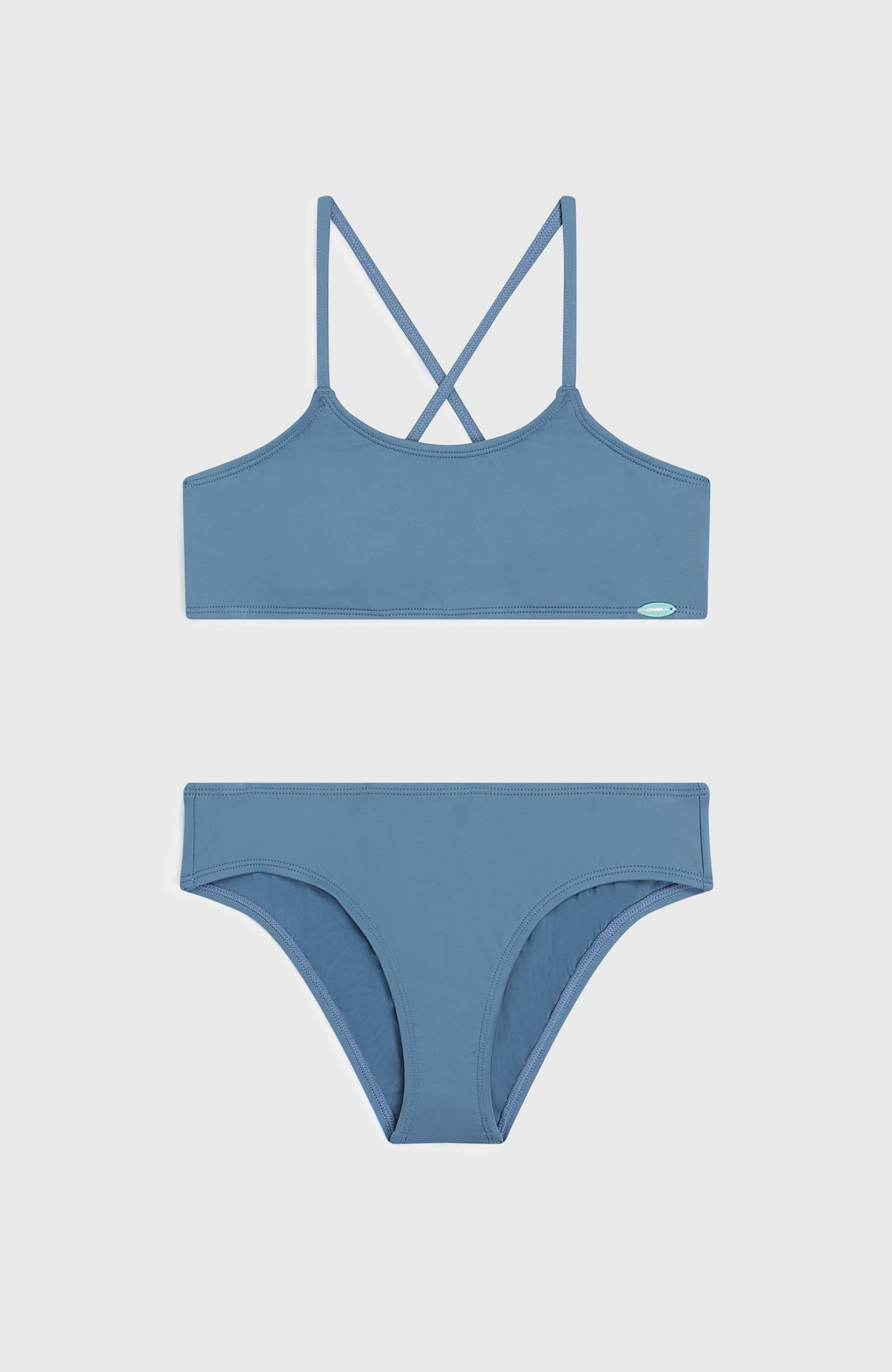 Essentials Bralette-Bikini-Set für Mädchen, blau, flach liegend von vorne, Oberteil und Bikinihose
