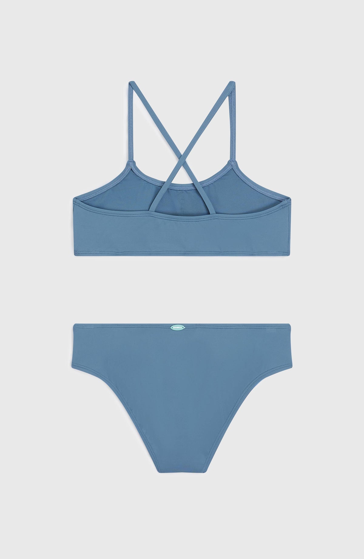Essentials Bralette-Bikini-Set für Mädchen, blau, flach liegend von hinten mit gekreuzten Trägern