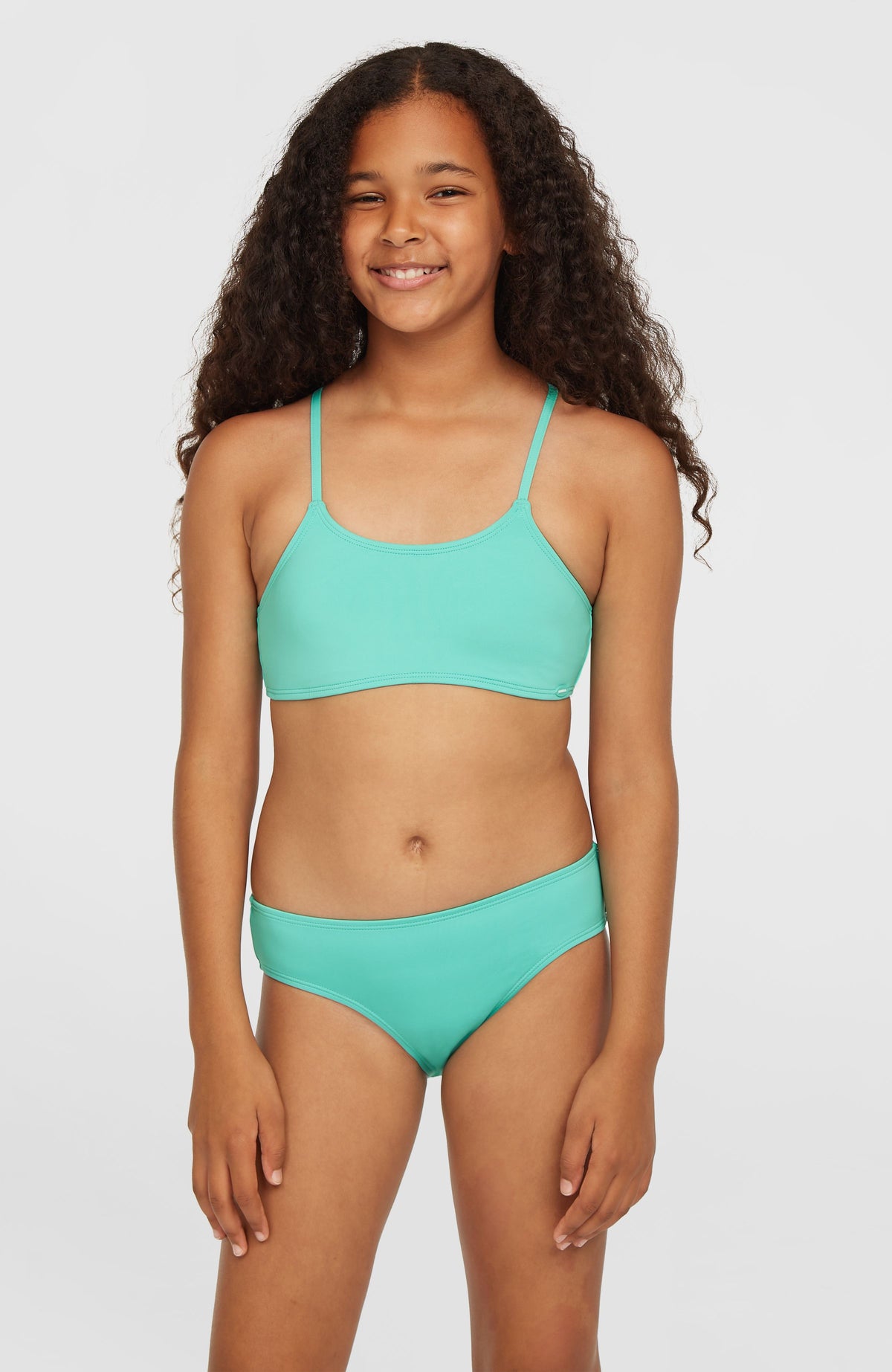 O'Neill Essentials Bralette-Bikini-Set für Mädchen, blau, Vorderansicht, getragen am Model