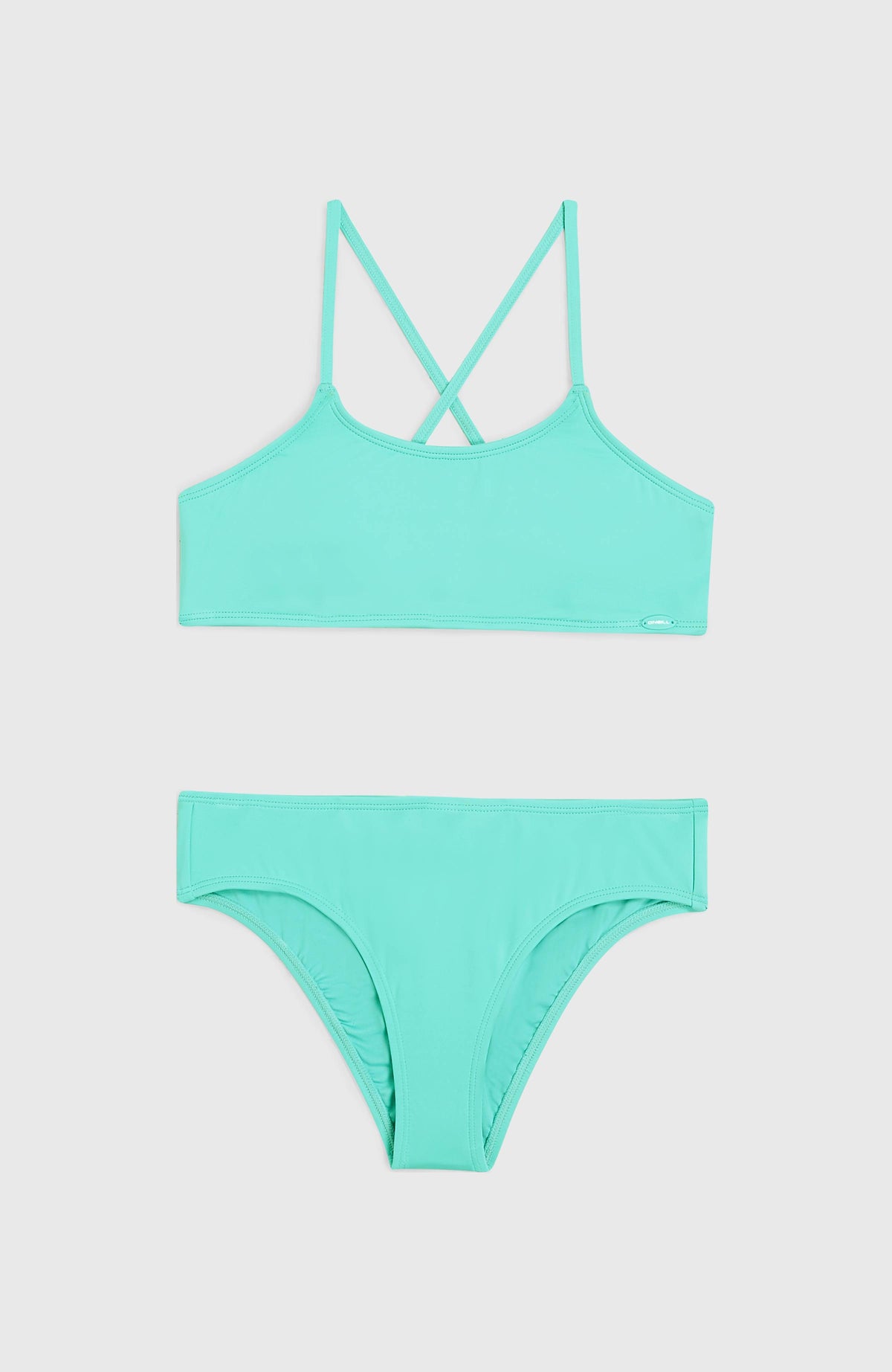 Essentials Bralette-Bikini-Set für Mädchen, blau, flach liegend von vorne mit Oberteil und Hose