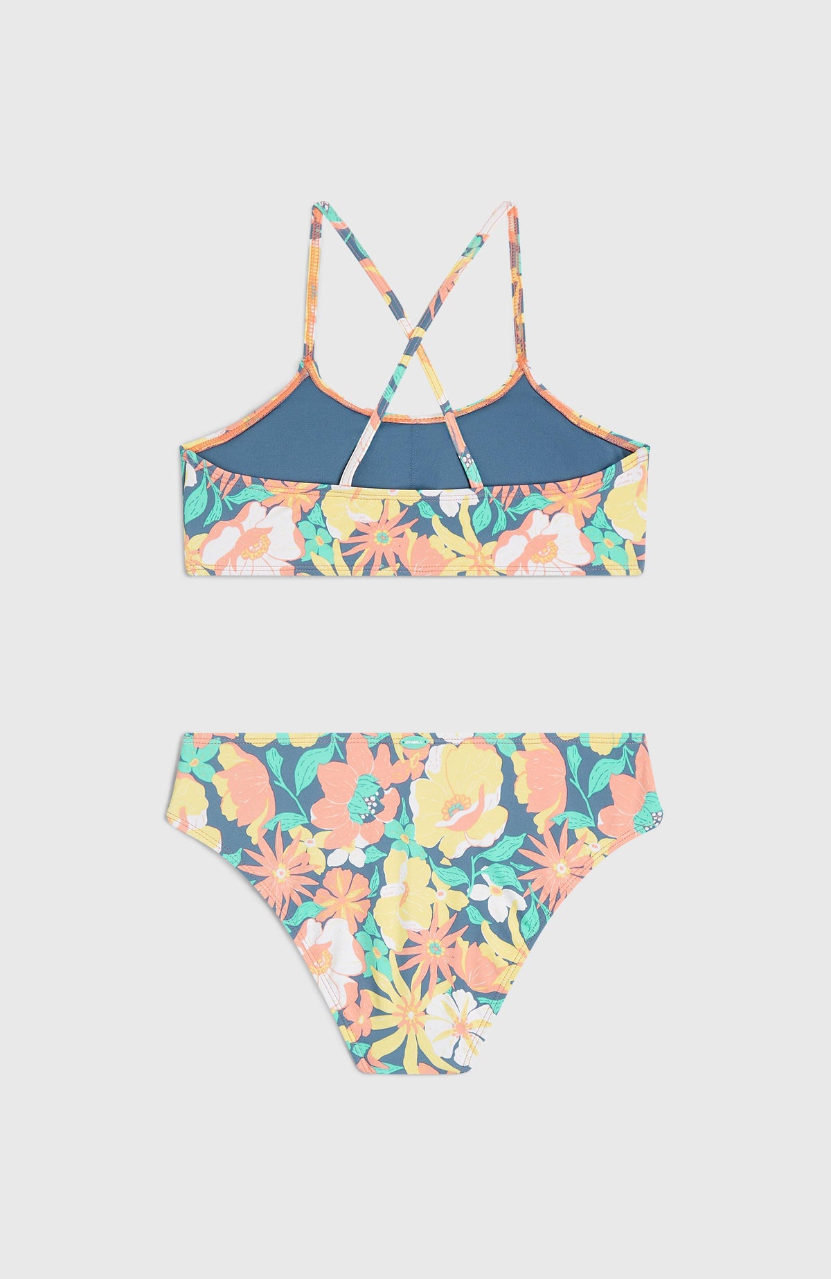 Essentials Bralette-Bikini-Set, blau mit Blumenmuster in Gelb und Rosa, flach liegend von hinten