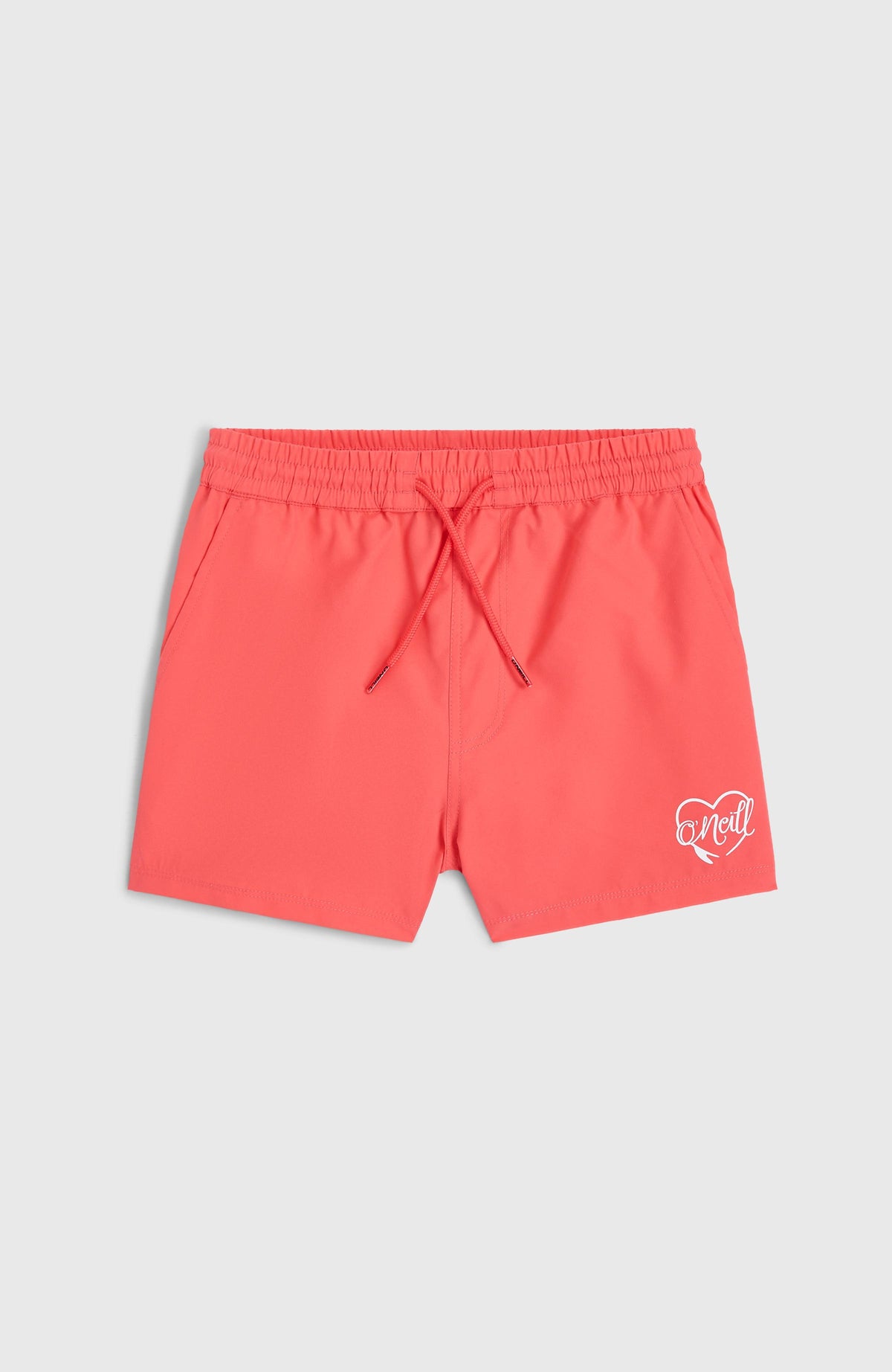 Essentials 11'' Badeshorts für Mädchen, pink, flach liegend von vorne mit Kordelzug und Logo-Print