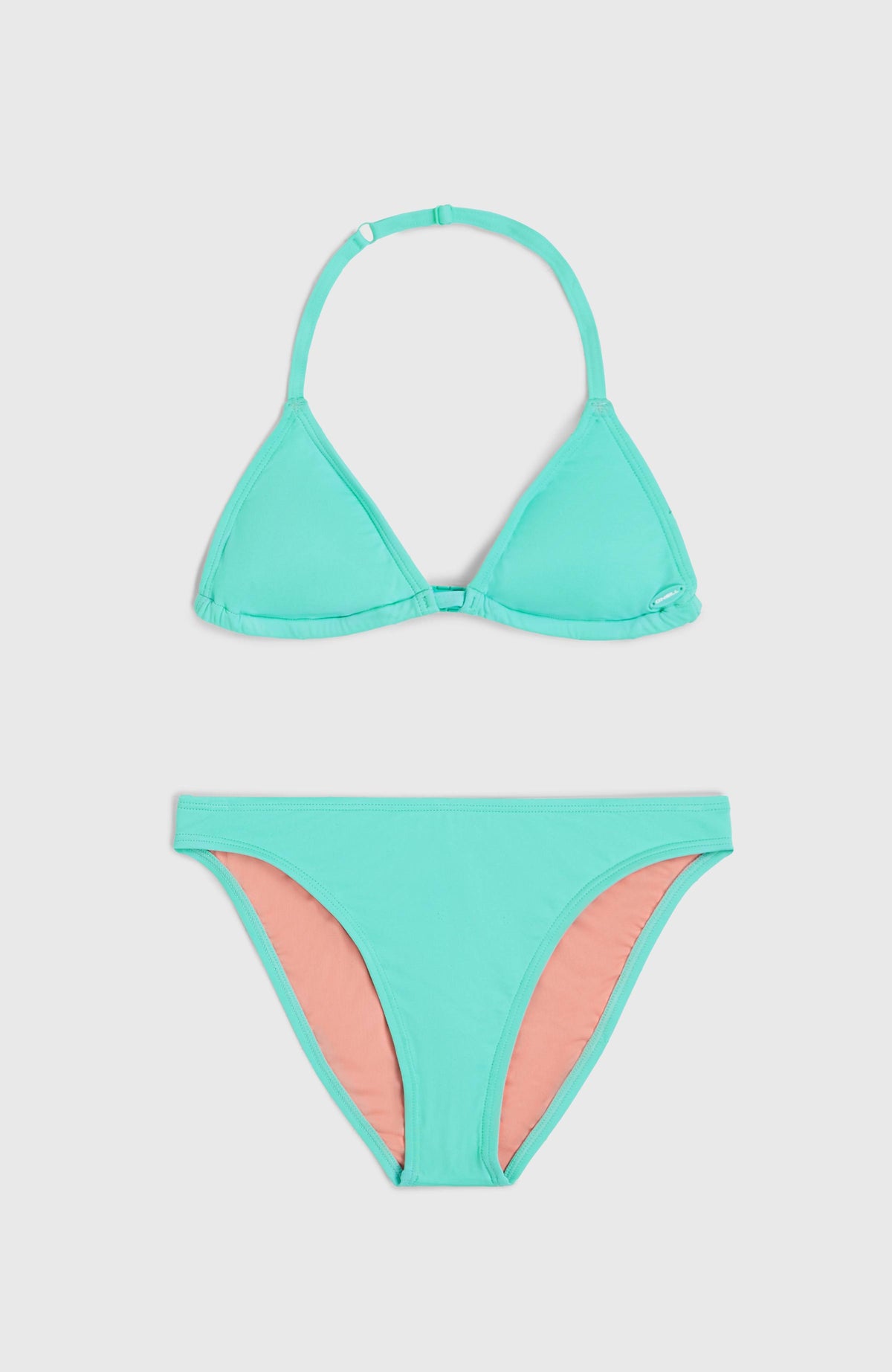 Essentials Triangel-Bikini-Set für Mädchen, blau, flach liegend von vorne mit Oberteil und Bikinihose