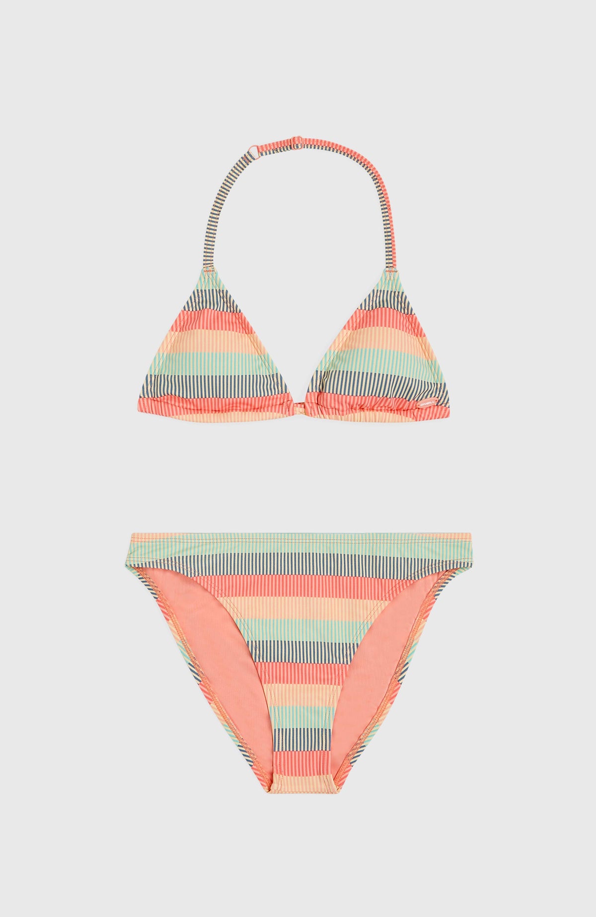 Essentials Triangel-Bikini-Set, grün mit Streifenmuster in Orange und Türkis, flach liegend von vorne