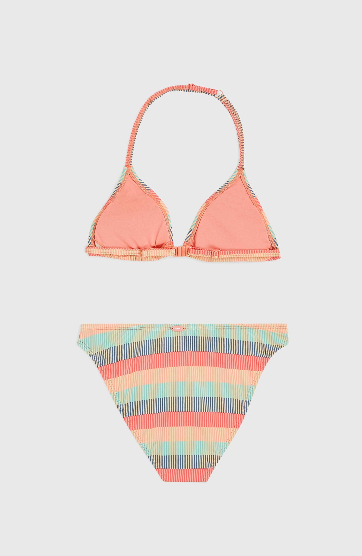 Essentials Triangel-Bikini-Set, grün mit Streifenmuster in Orange und Türkis, flach liegend von hinten