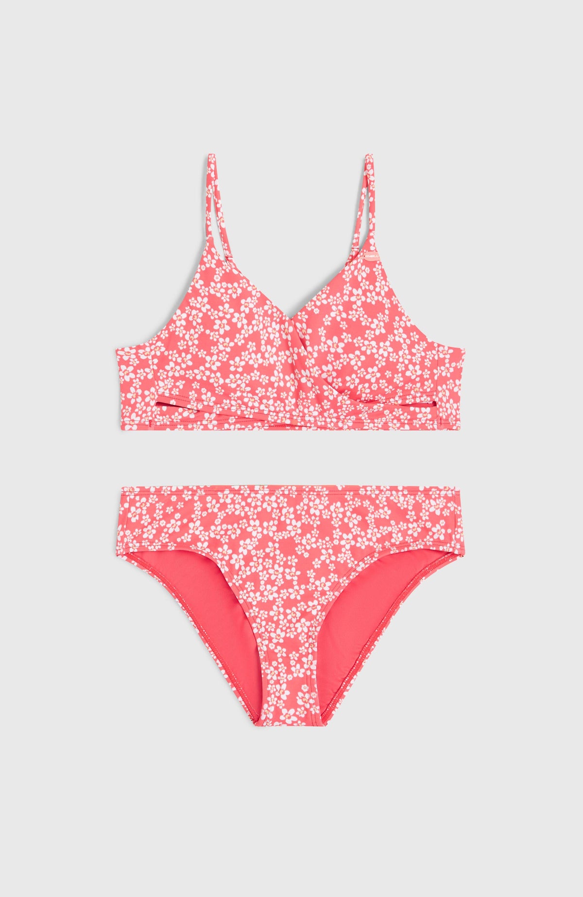 Pinkes Bralette-Bikini-Set für Mädchen mit Blumenmuster in Weiß, flach liegend von vorne